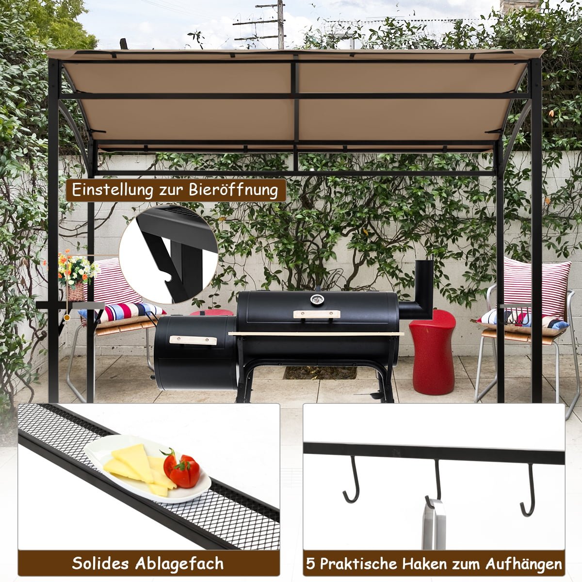 Weatherproof Grill Gazebo, Metal Frame, Shelf & Hooks