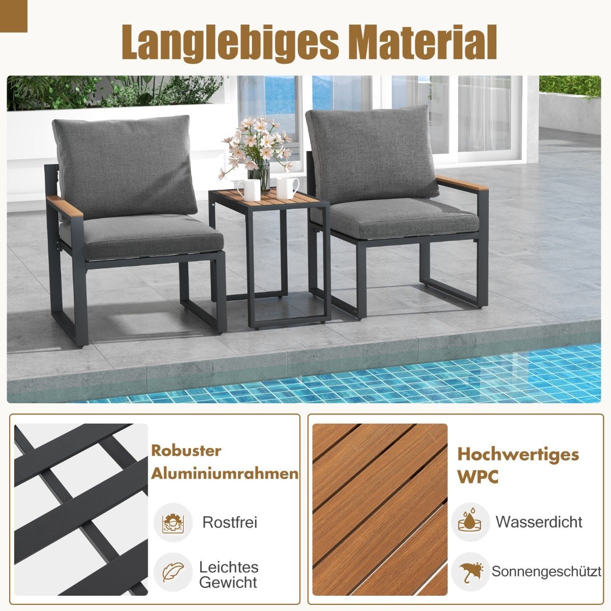 Weatherproof garden furniture set with aluminum frame and soft cushions. Balcony set with 2 chairs and table