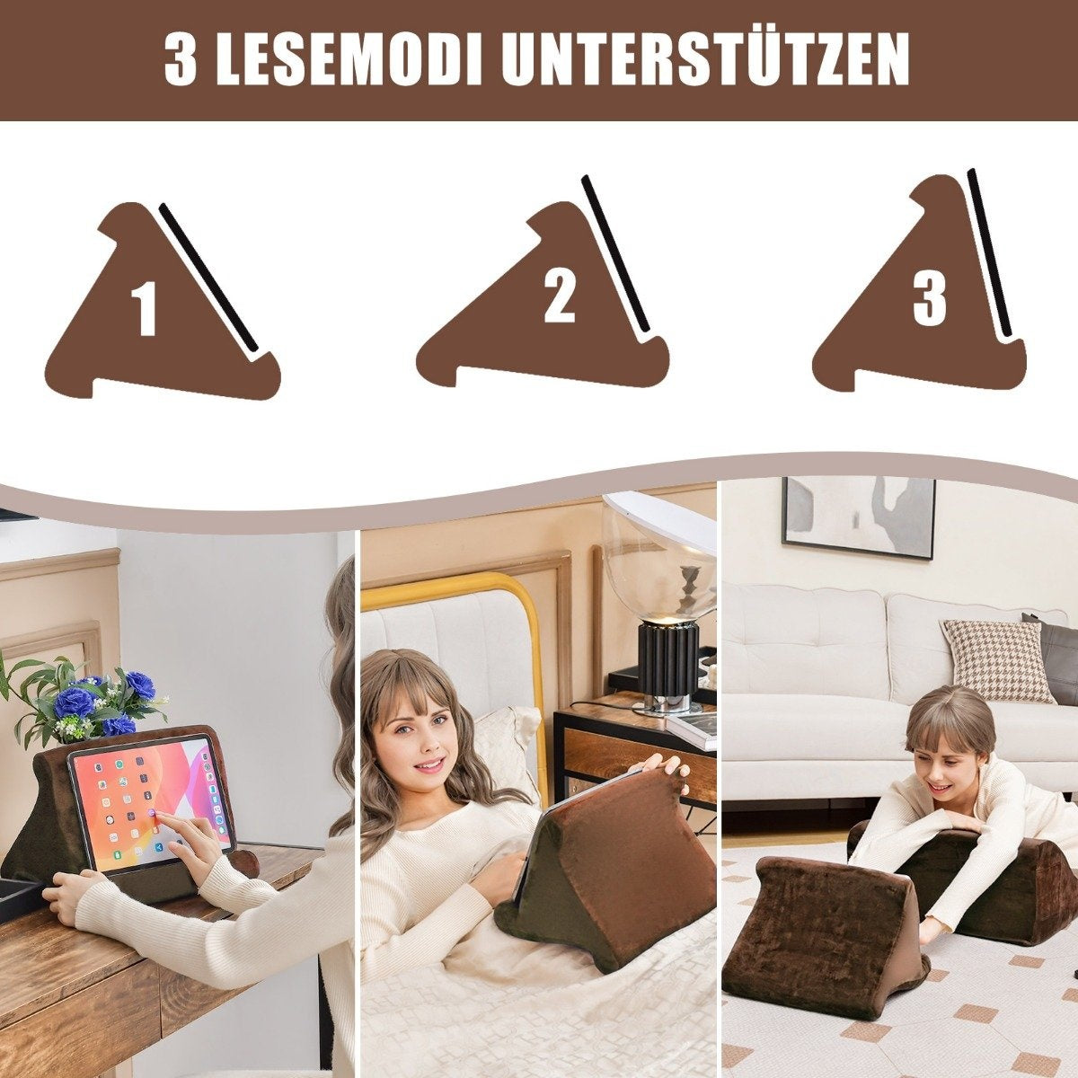 Wedge pillow set ergonomic back pillow with side pockets and washable cover support pillow for neck 47.5 x 23.5 x 54 cm brown