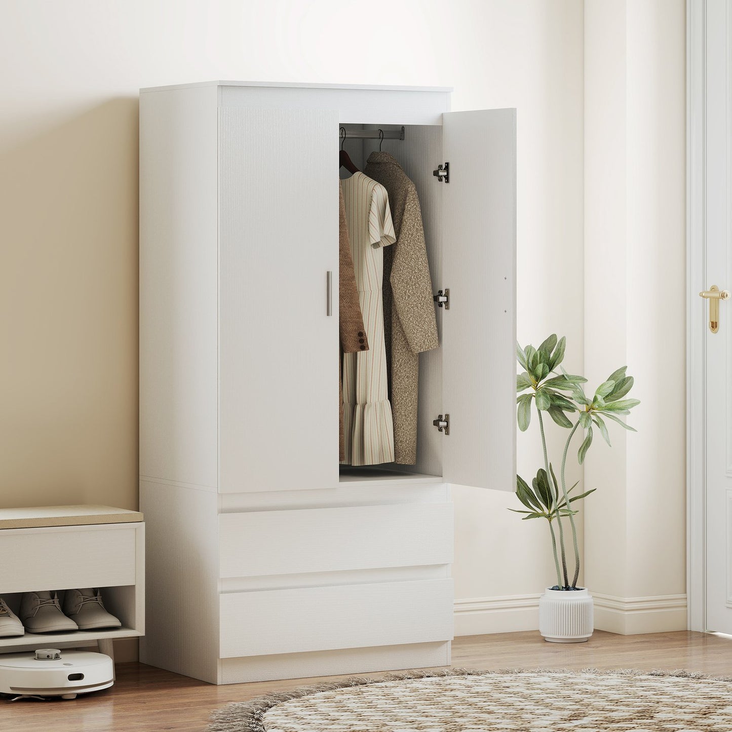 White Bedroom Wardrobe – 2 Doors, 2 Drawers, 3 Shelves