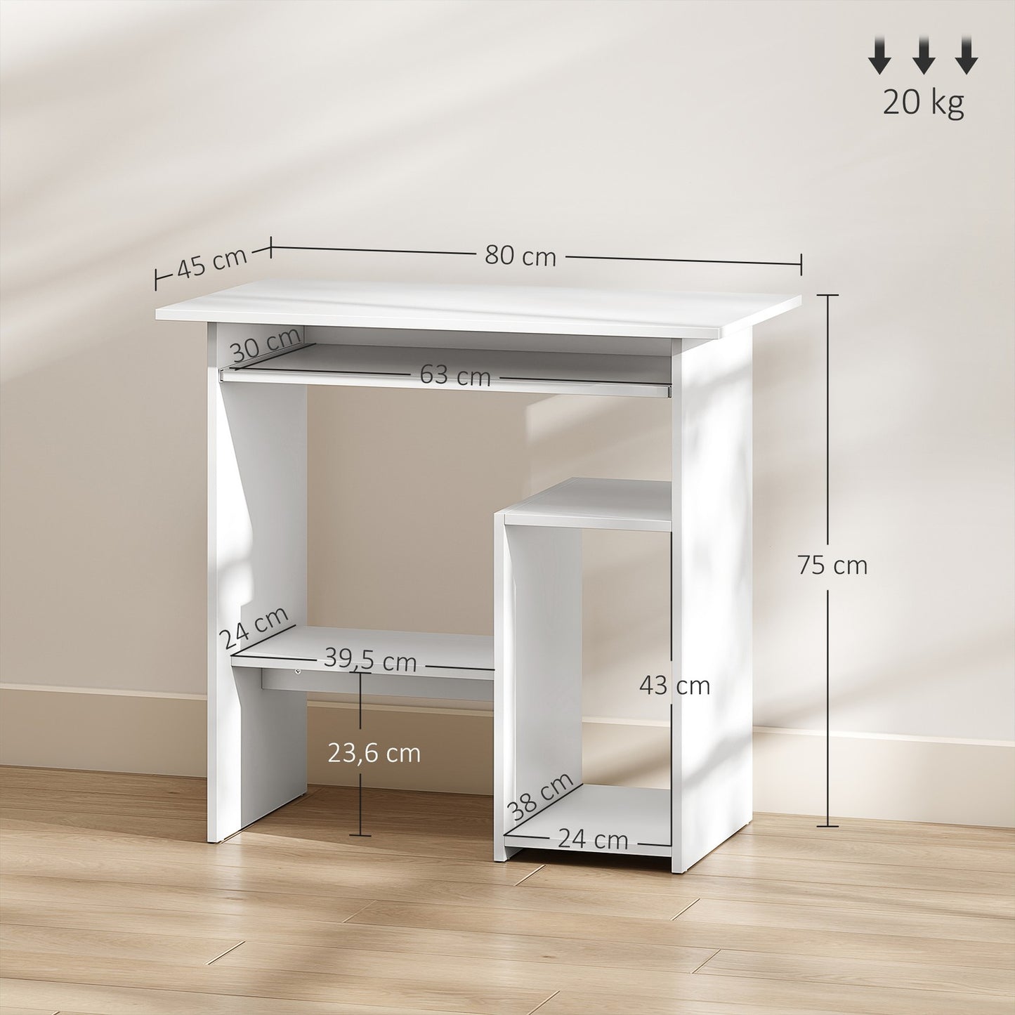 White Computer Desk, Chipboard, 80 x 45 x 75 cm