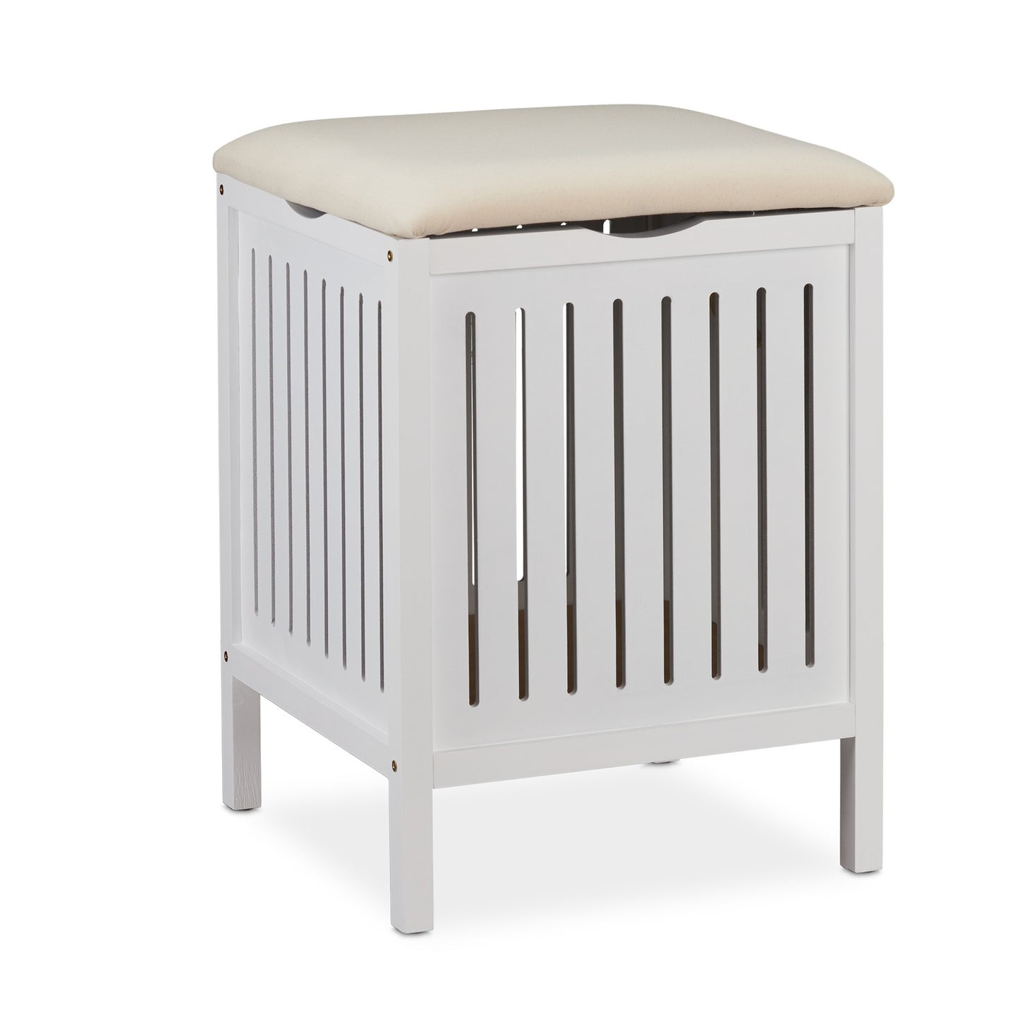White Laundry Basket Stool with Cushion Seat
