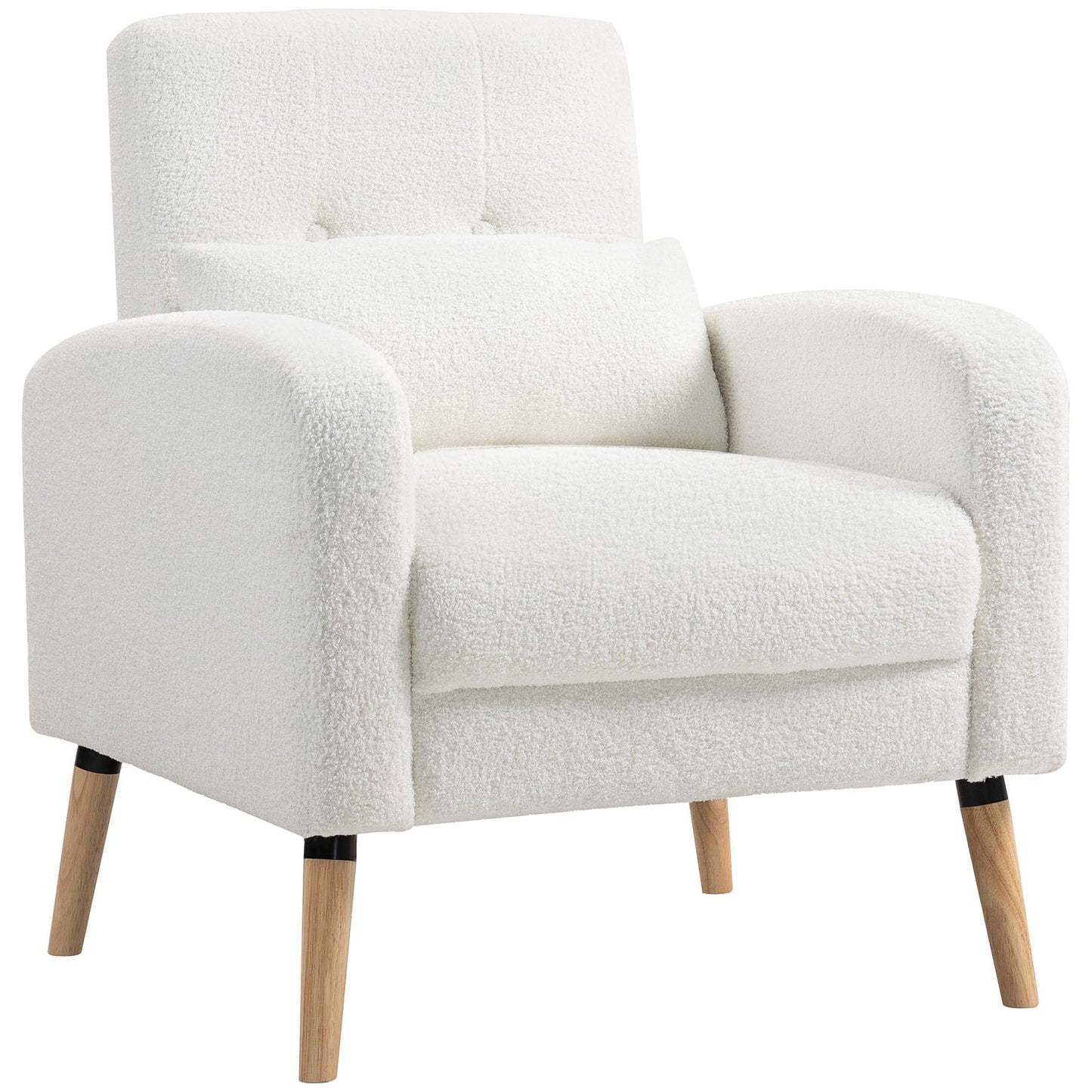White Upholstered Armchair with Cushion, Rubberwood Legs