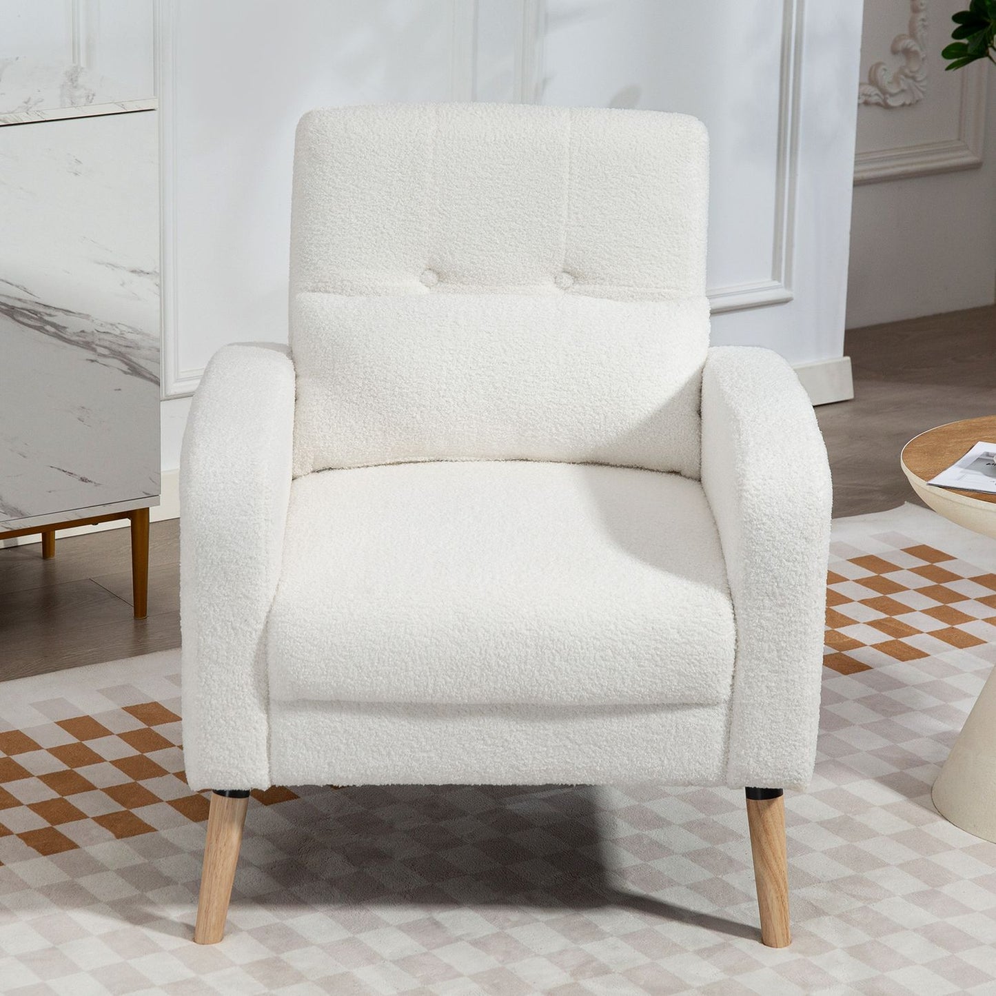 White Upholstered Armchair with Cushion, Rubberwood Legs