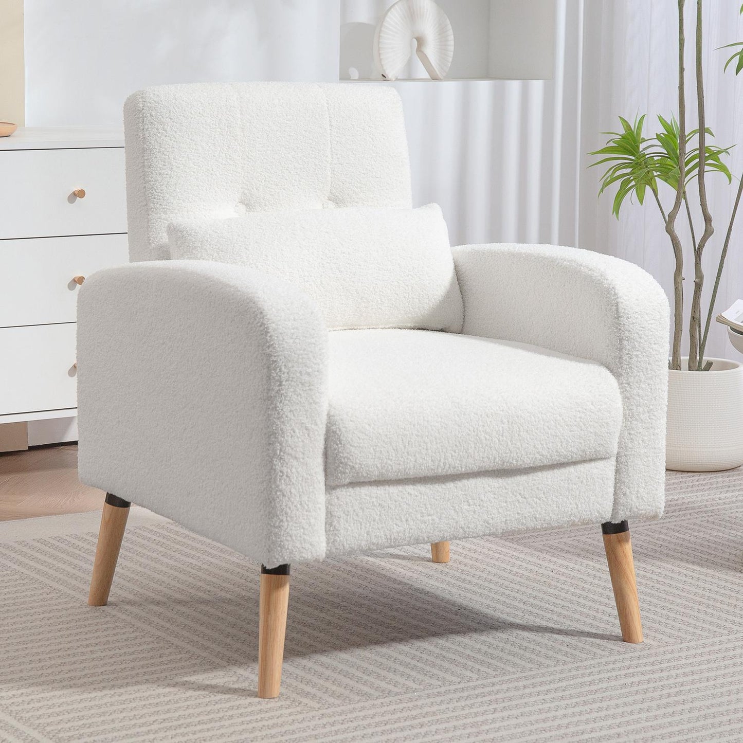 White Upholstered Armchair with Cushion, Rubberwood Legs