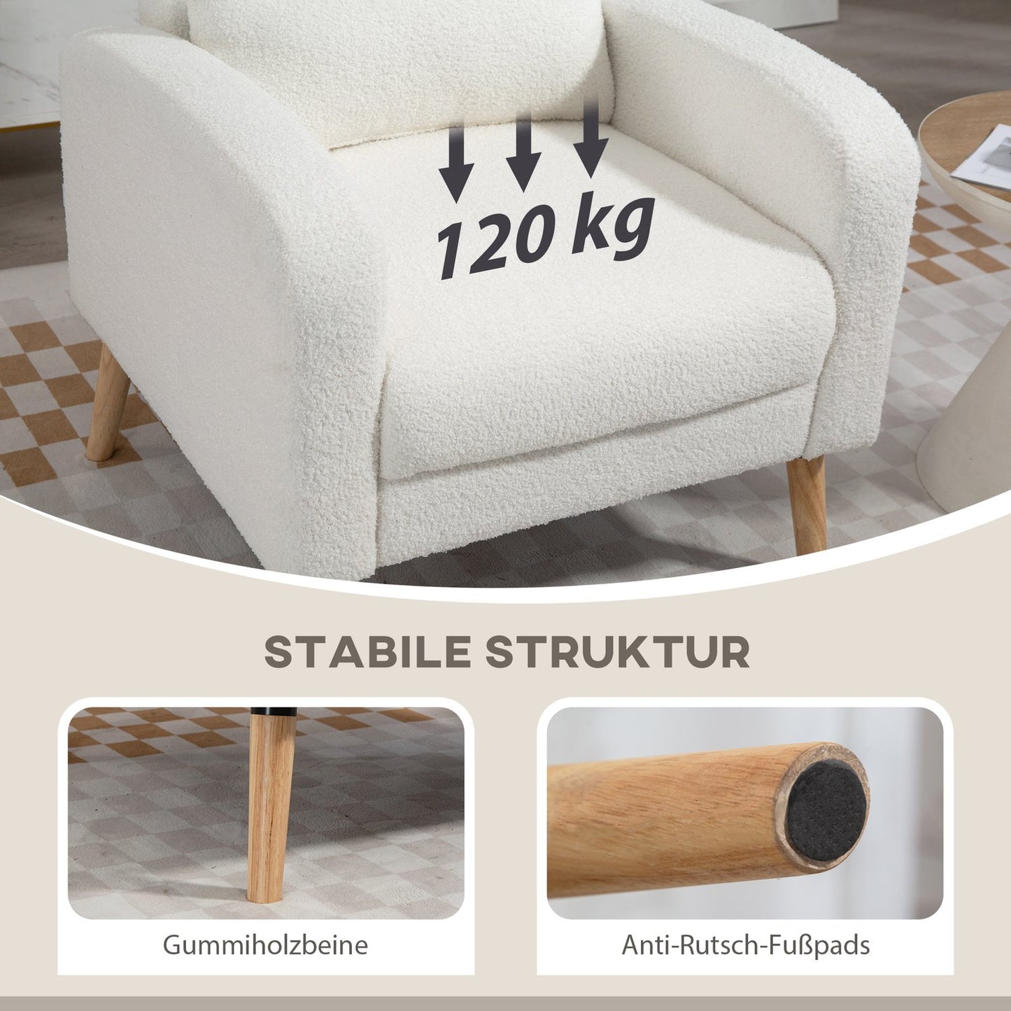 White Upholstered Armchair with Cushion, Rubberwood Legs