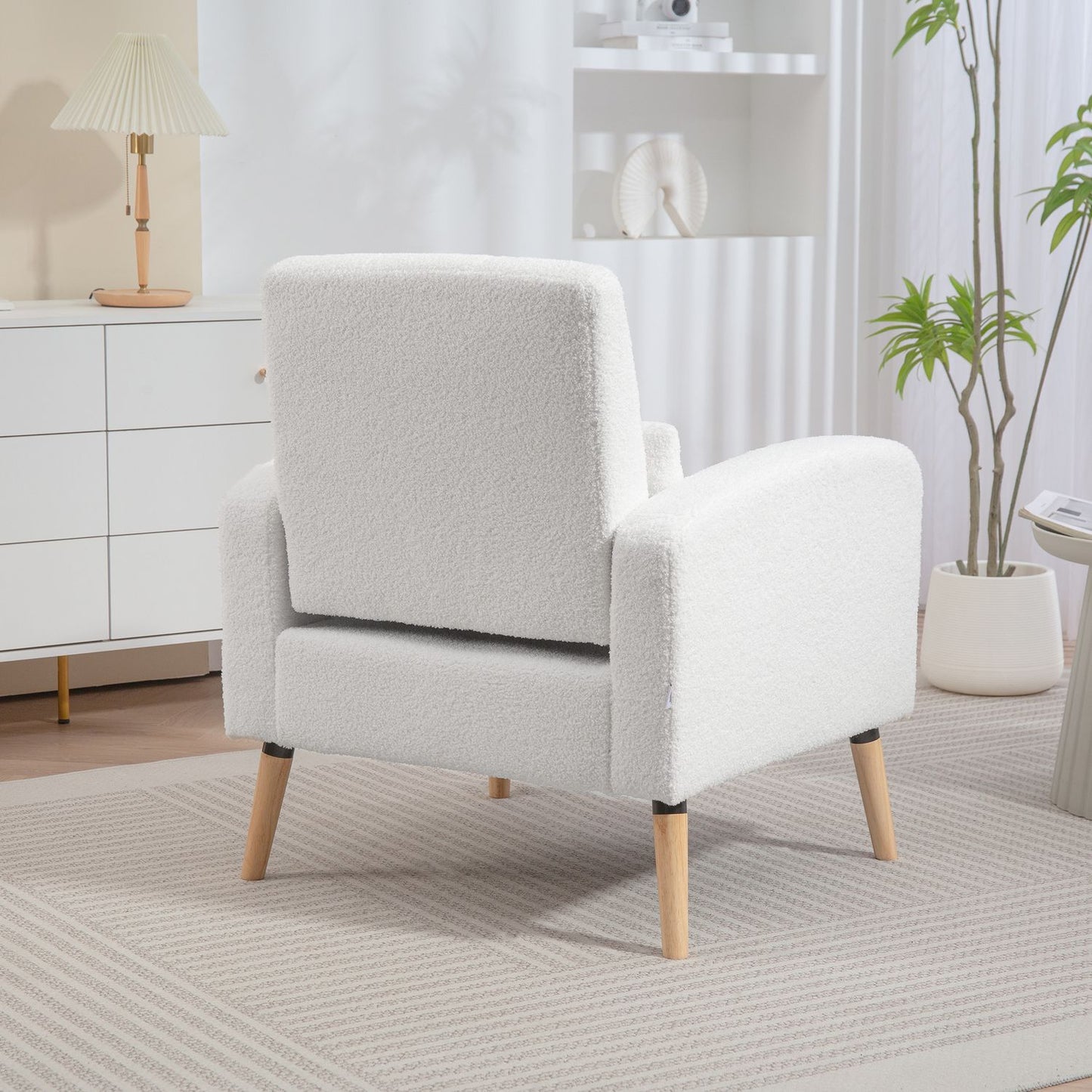 White Upholstered Armchair with Cushion, Rubberwood Legs