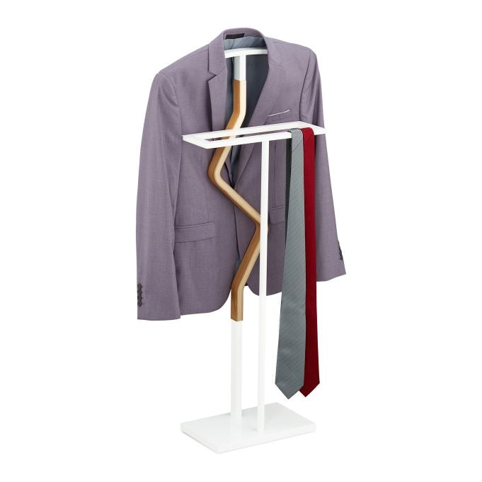 White Wood and Metal Valet Suit Stand