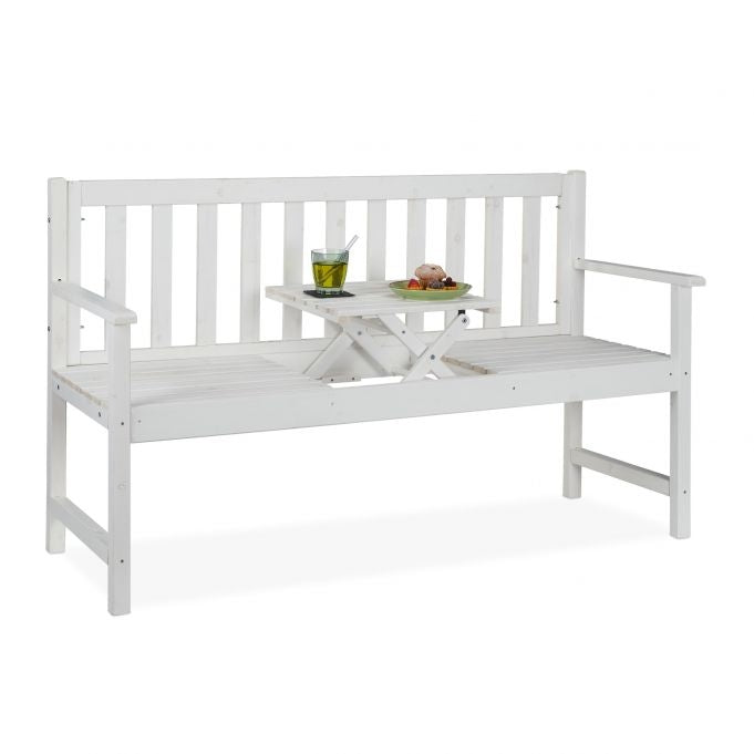 White garden bench with table