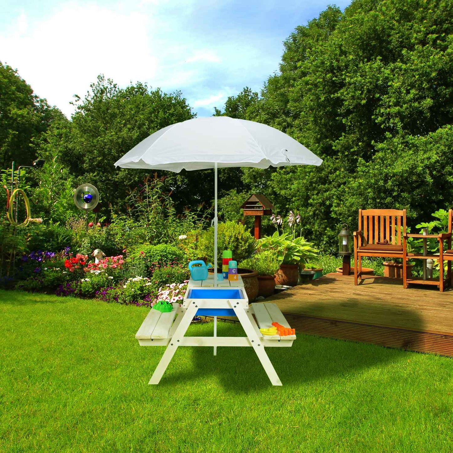 White seating area for children Wood with parasol