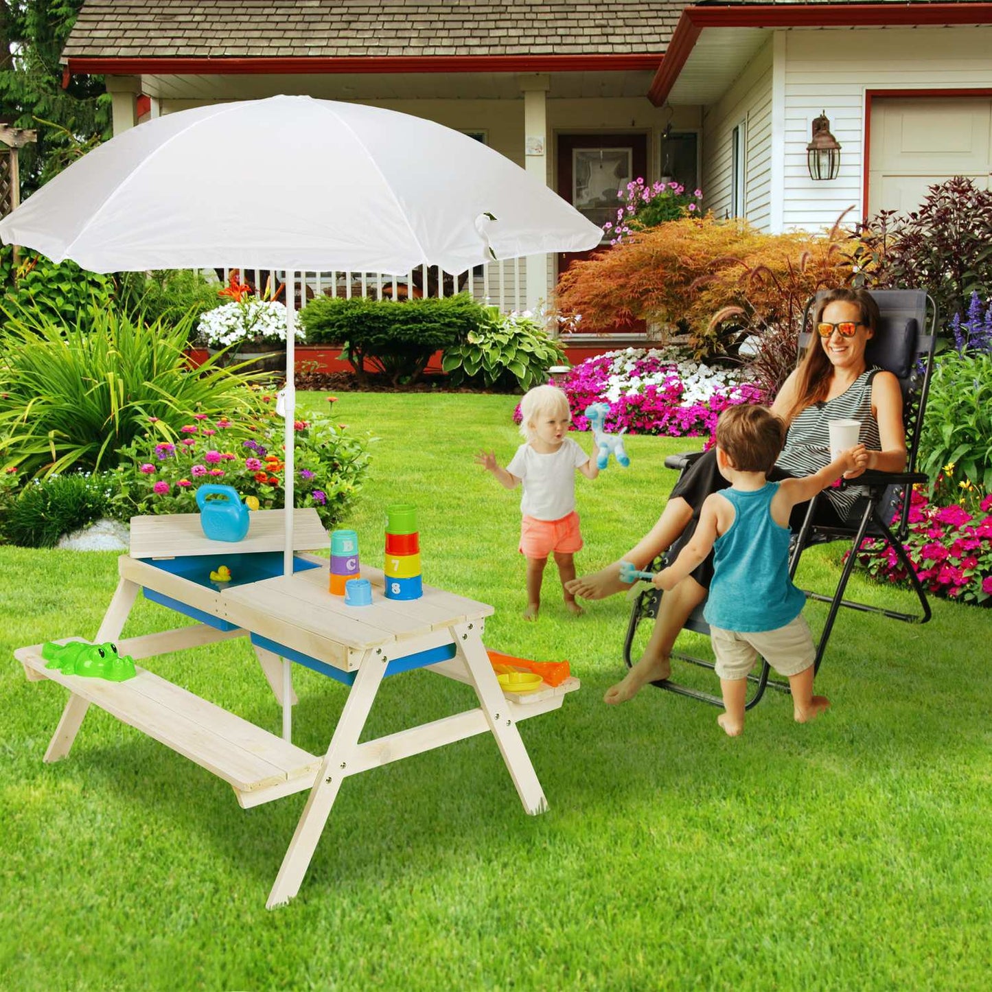 White seating area for children Wood with parasol
