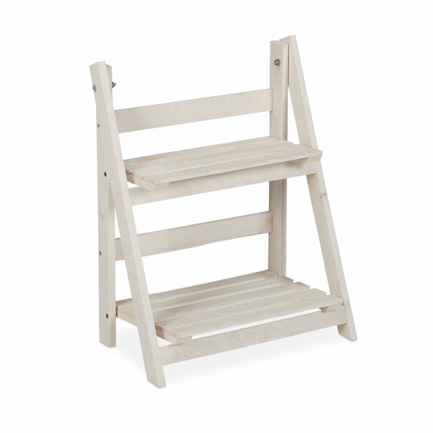 White stairs with wooden flowers
