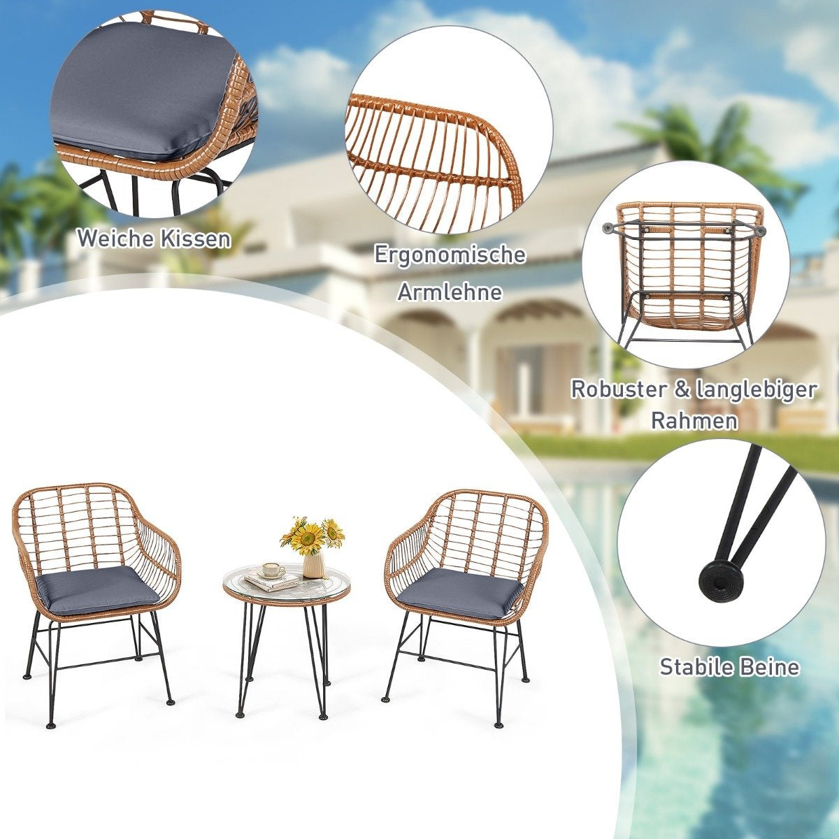 Wicker furniture set 3-piece modern bistro set for the terrace