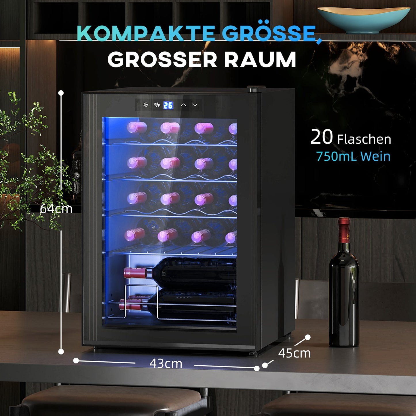 Wine fridge 20 bottles, Anti-UV glass, LED light