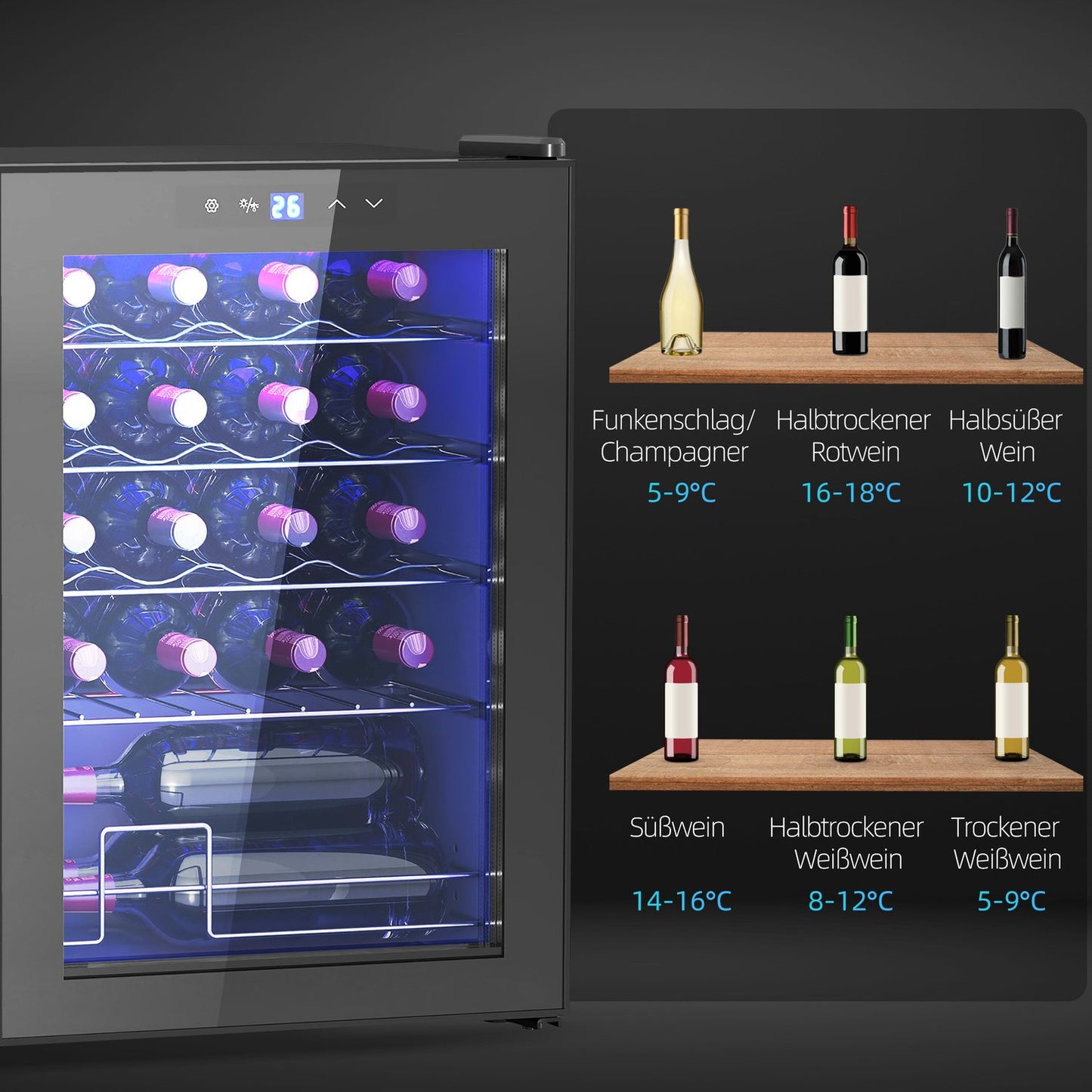 Wine fridge 20 bottles, Anti-UV glass, LED light