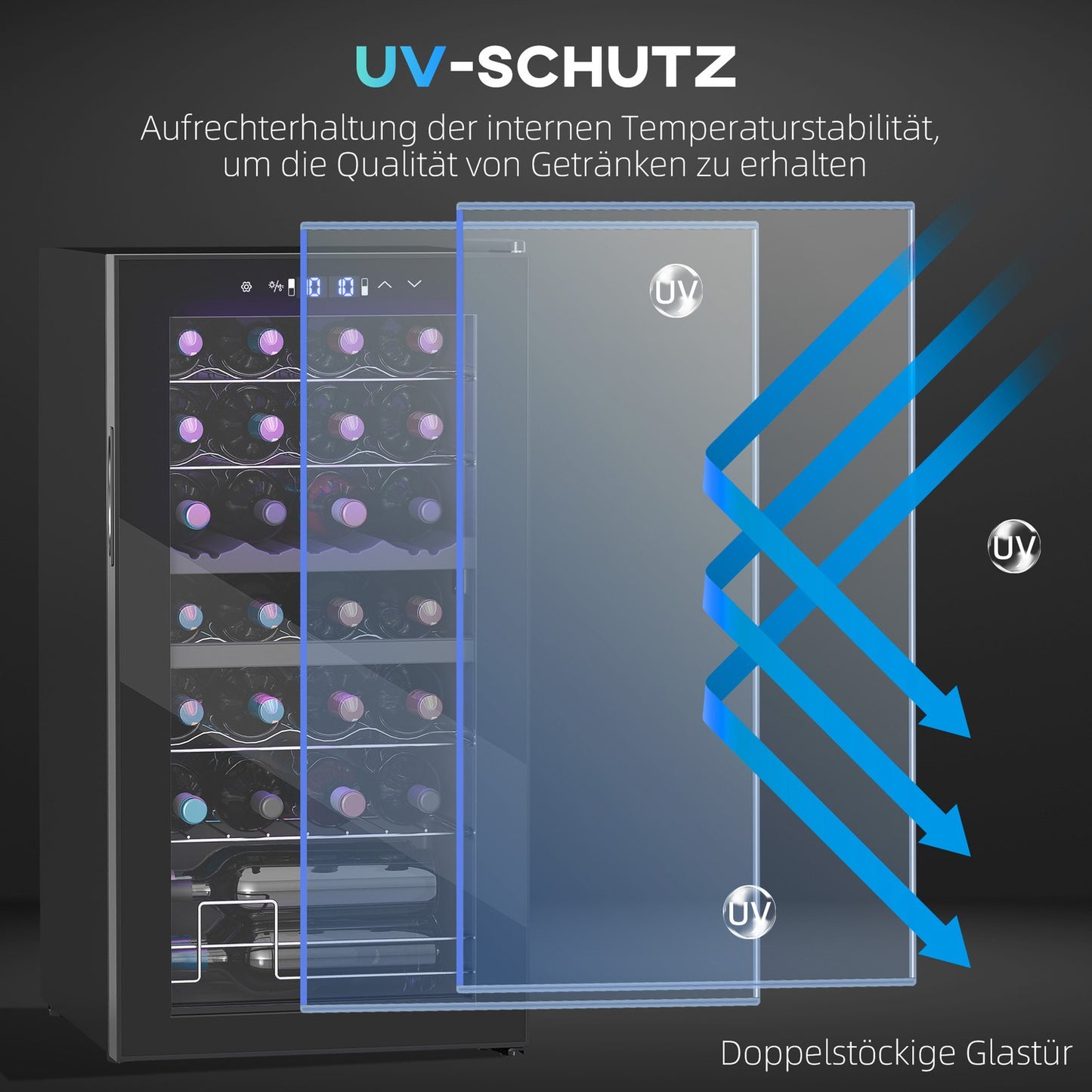 Wine cooler with dual zones, 28 bottles, UV glass door, LED