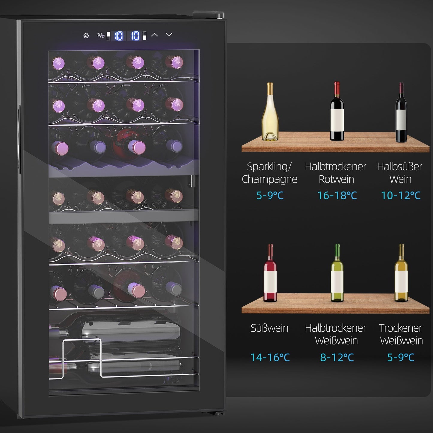 Wine cooler with dual zones, 28 bottles, UV glass door, LED