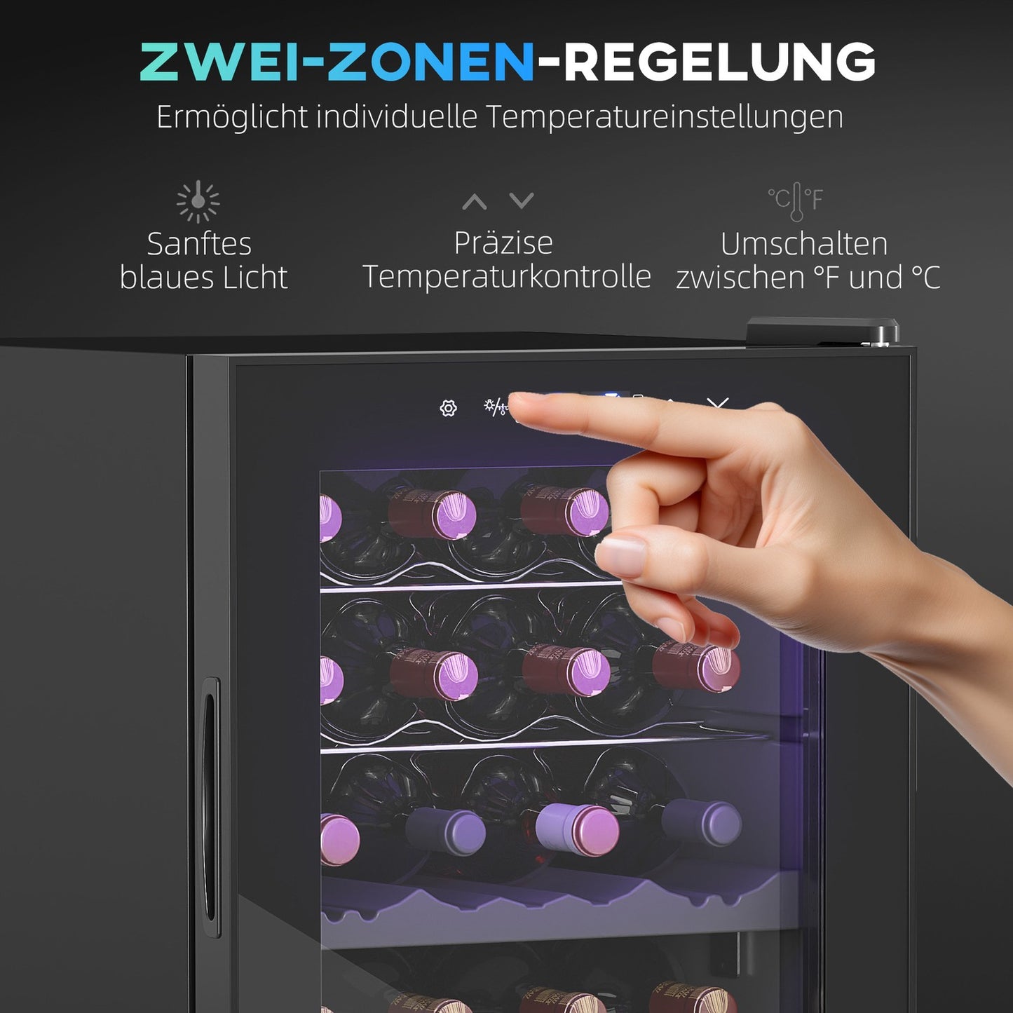 Wine cooler with dual zones, 28 bottles, UV glass door, LED