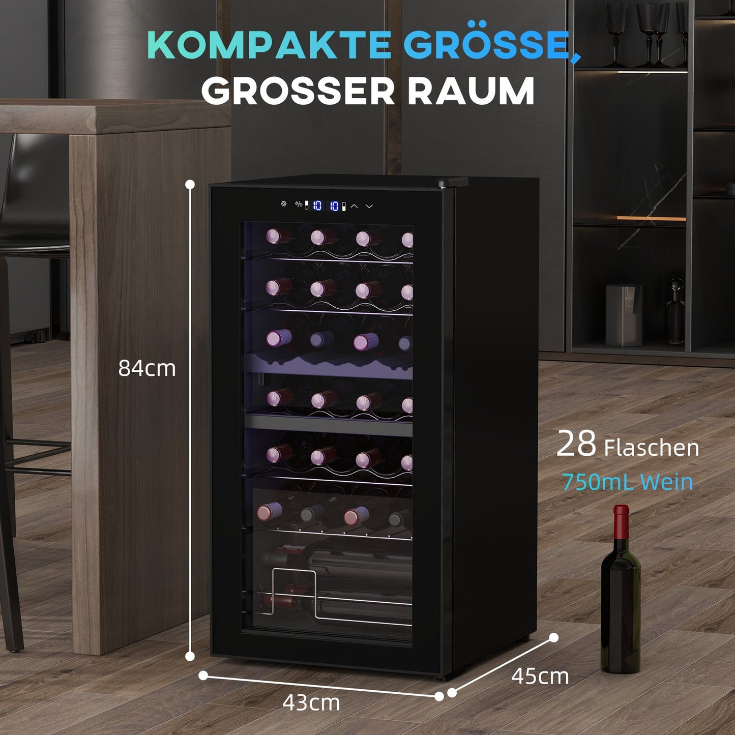 Wine cooler with dual zones, 28 bottles, UV glass door, LED