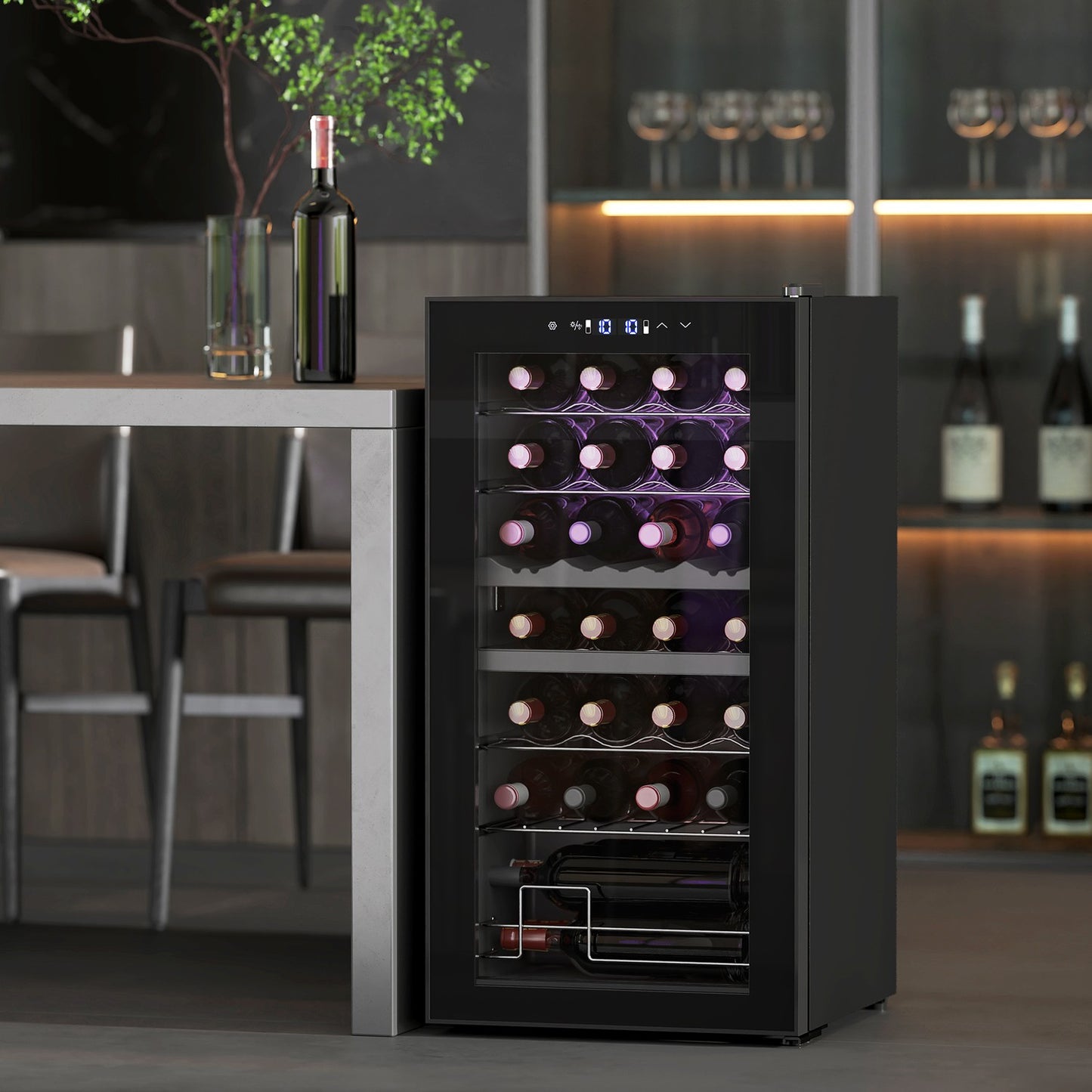 Wine cooler with dual zones, 28 bottles, UV glass door, LED
