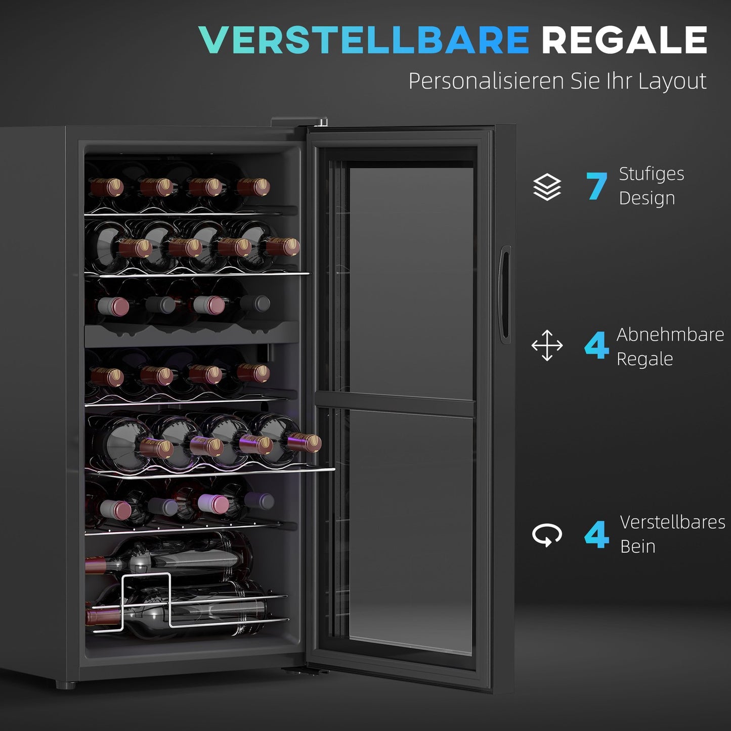 Wine cooler with dual zones, 28 bottles, UV glass door, LED