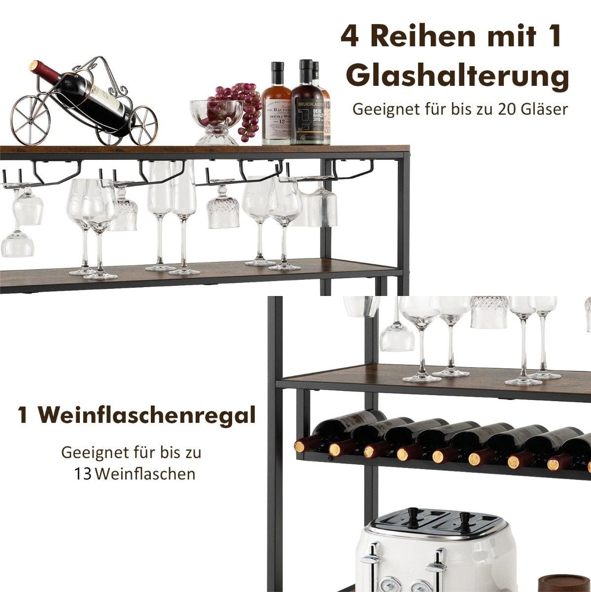 Wine cabinet for 13 wine bottles with 4 rows of glass holders. Industrial bar cabinet with wine rack
