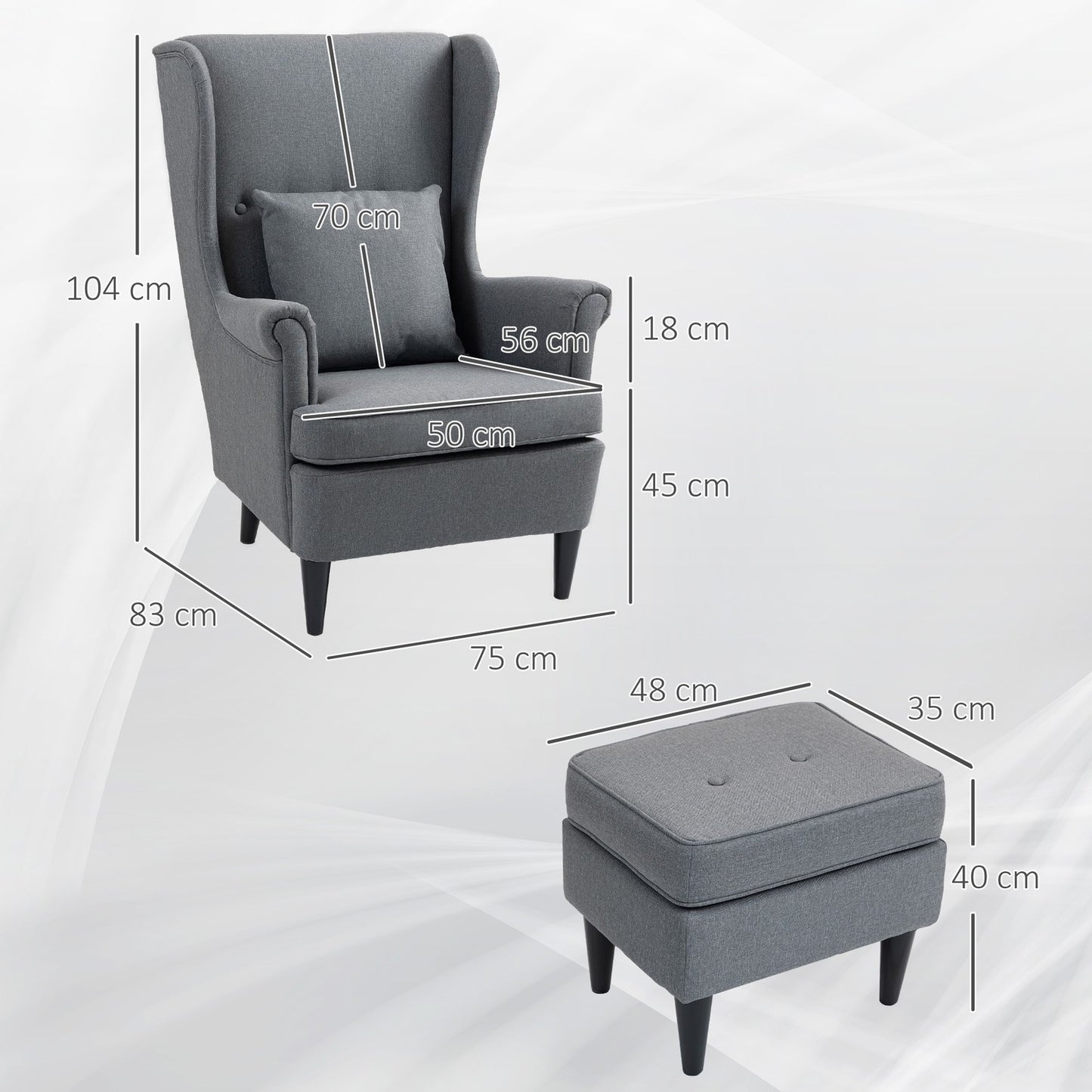 Wingback Chair with Ottoman, Gray Fabric, Rubberwood Legs