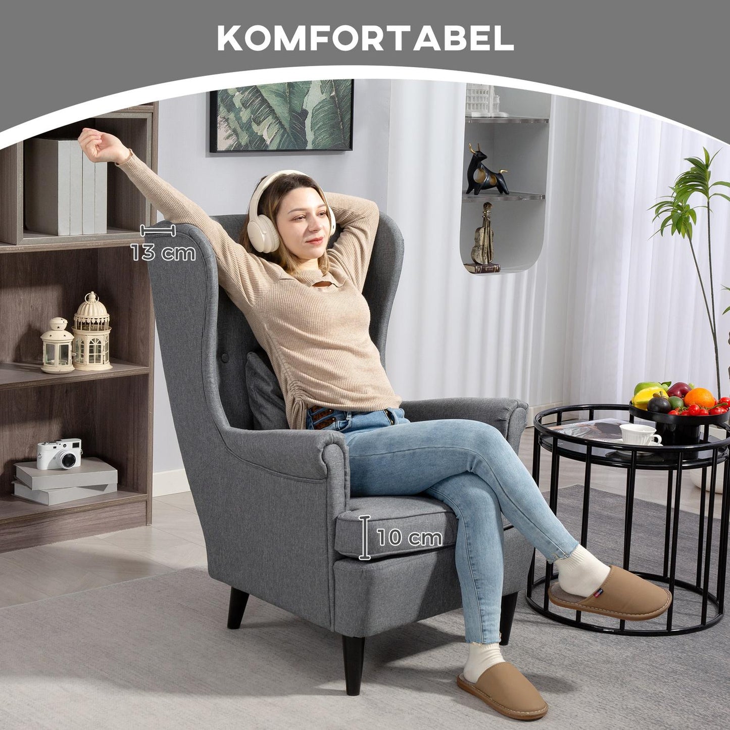 Wingback Chair with Ottoman, Gray Fabric, Rubberwood Legs