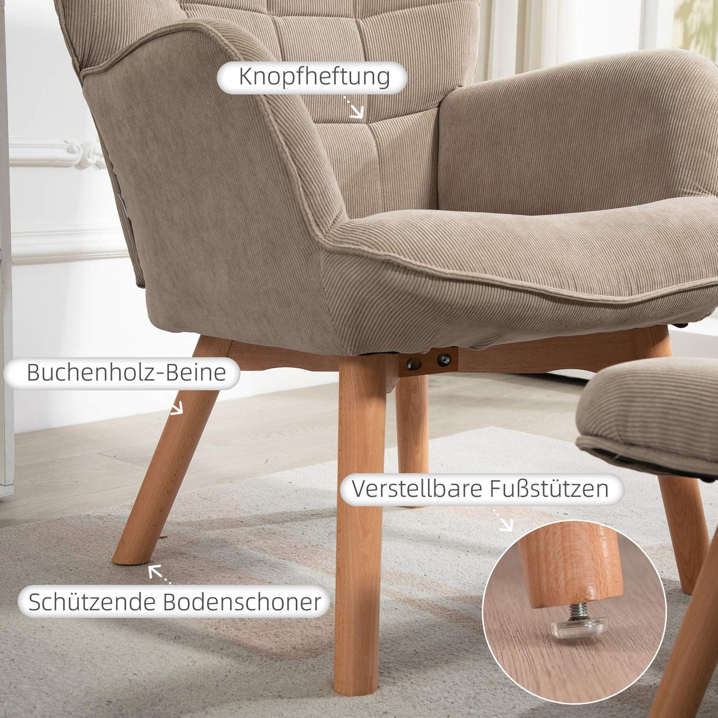 Brown corduroy Wing Chair & Stool Set - Relaxing lounge seating
