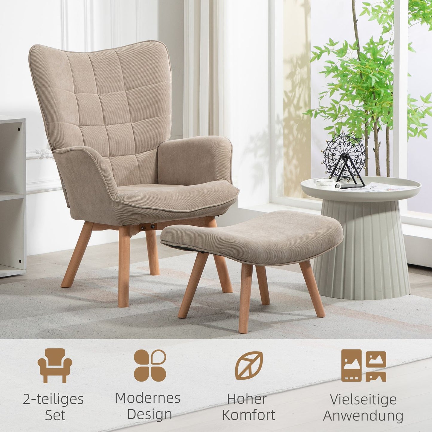 Brown corduroy Wing Chair & Stool Set - Relaxing lounge seating