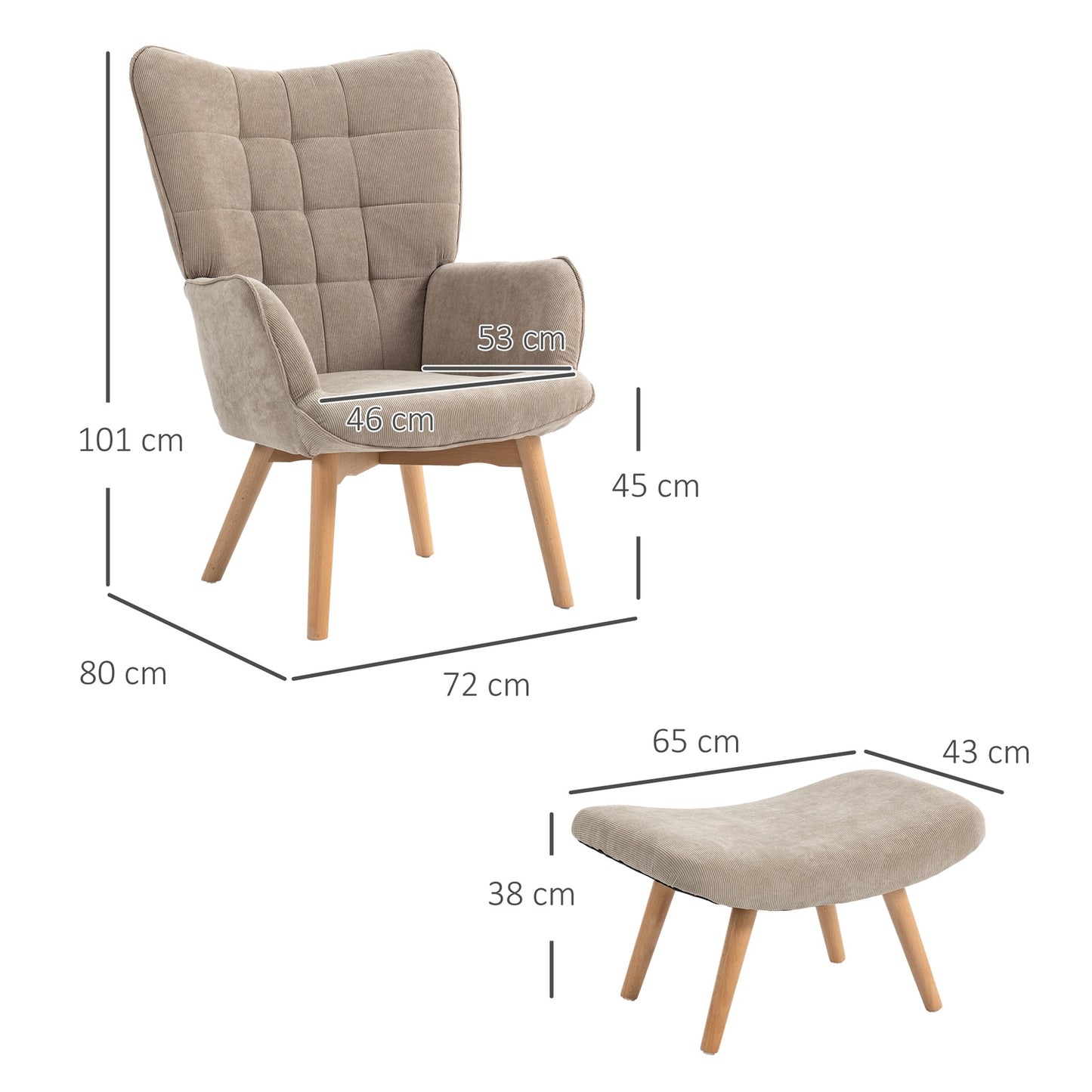 Brown corduroy Wing Chair & Stool Set - Relaxing lounge seating
