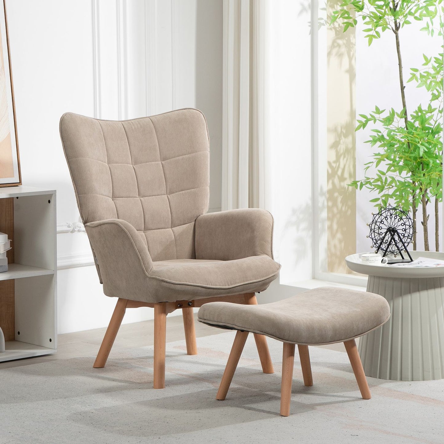 Brown corduroy Wing Chair & Stool Set - Relaxing lounge seating