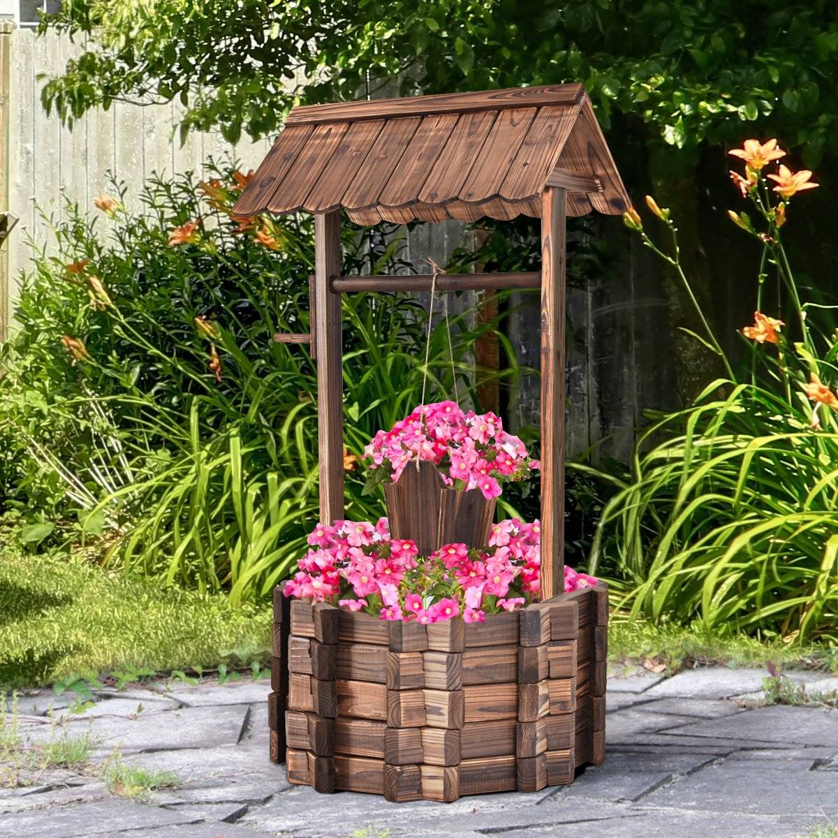 Wishing well for outdoors, wooden fountain, bucket, flower pot, flower pot with roof