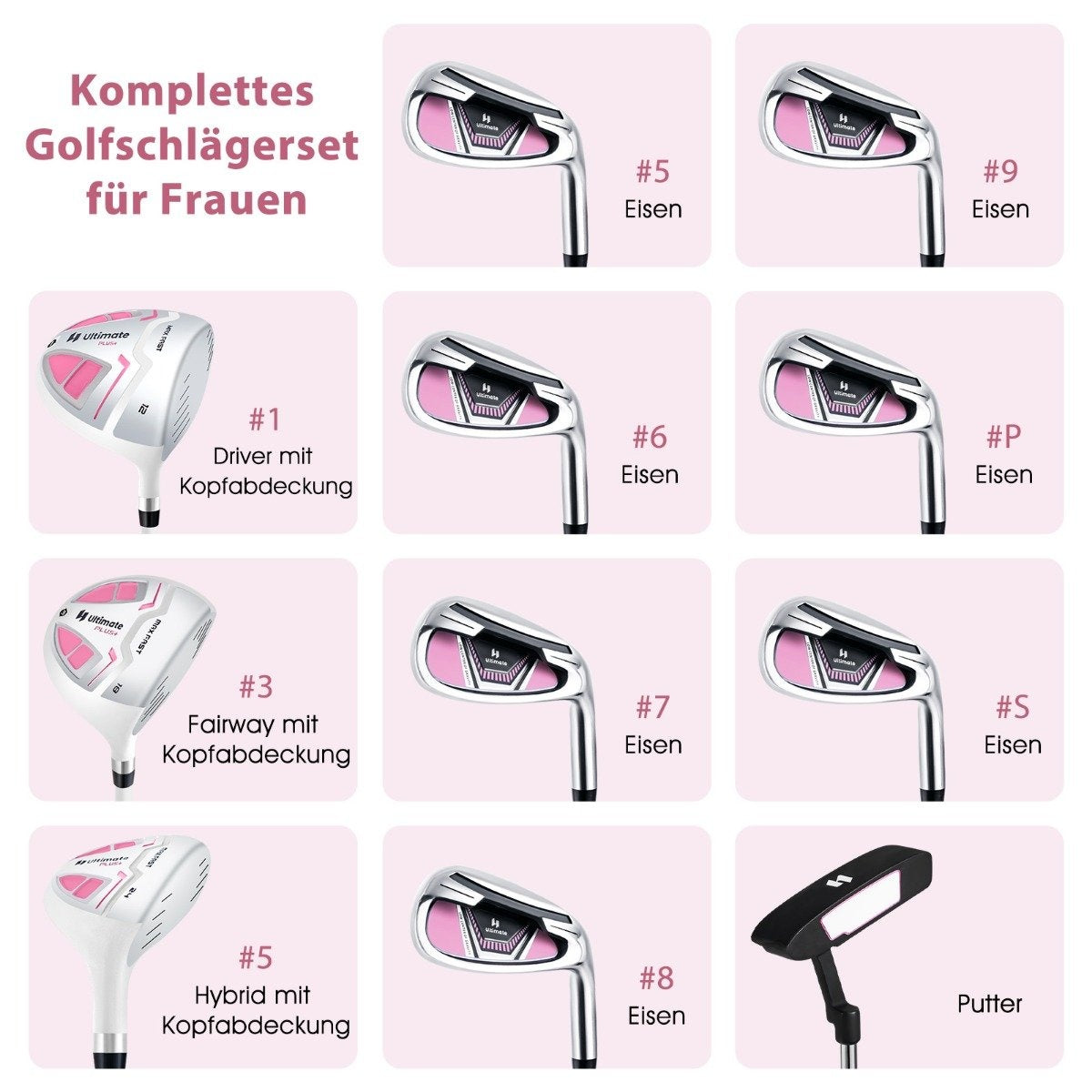 Women's golf club set 11-piece golf club sets right-handed with rain cover pink