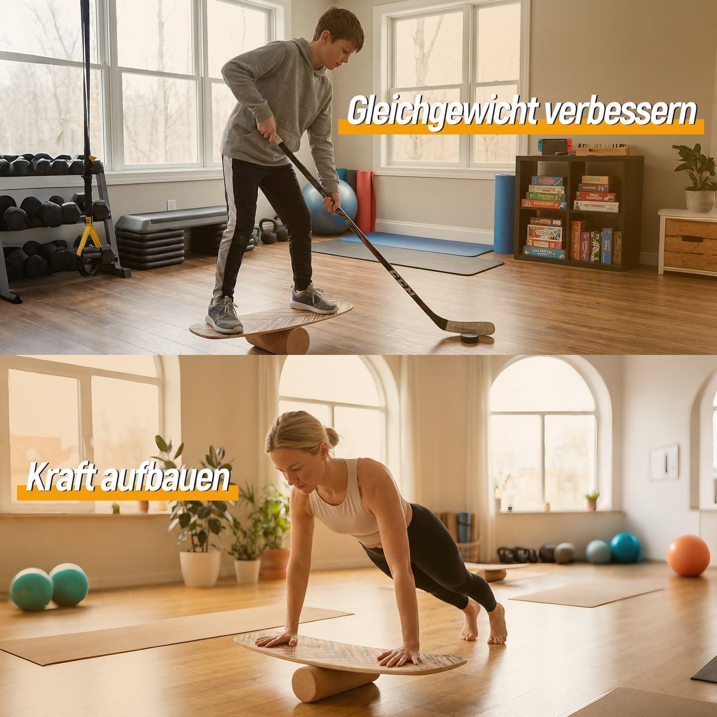 Wood Balance Board Trainer with Cork Roller, 79x28 cm