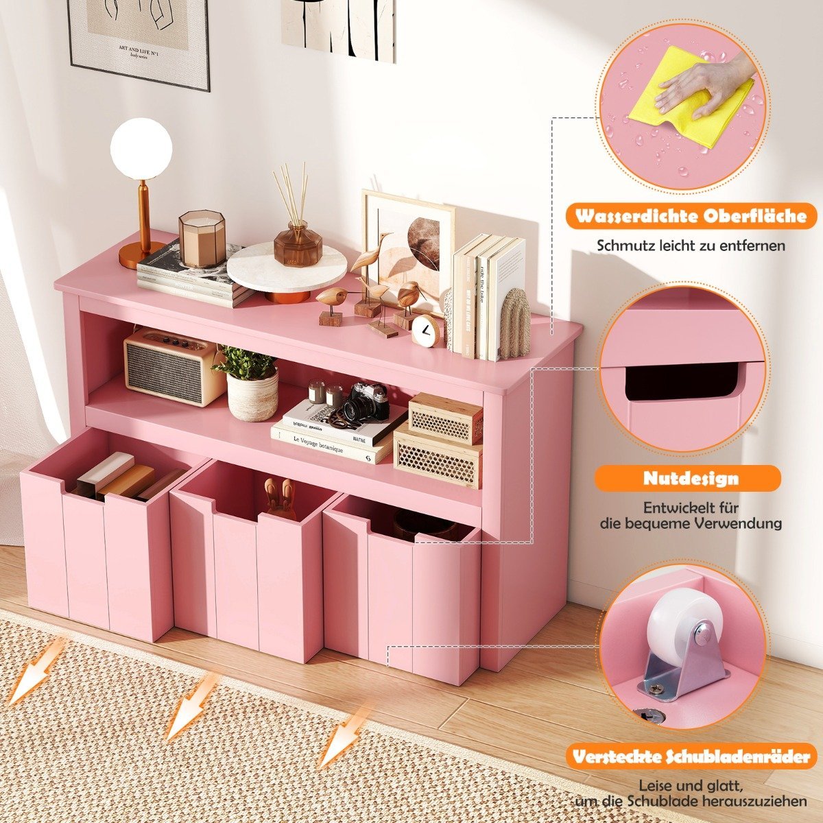 Wood Storage Cabinet with Drawers and Wheels, 101x33x62 cm, Pink