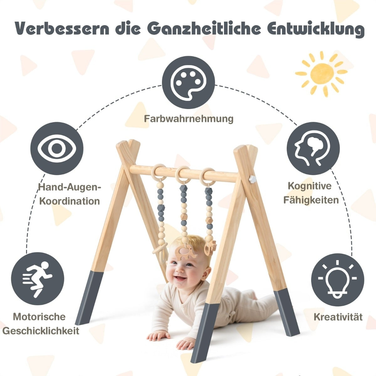 Wooden Baby Gym with 3 Hanging Toys – Grey
