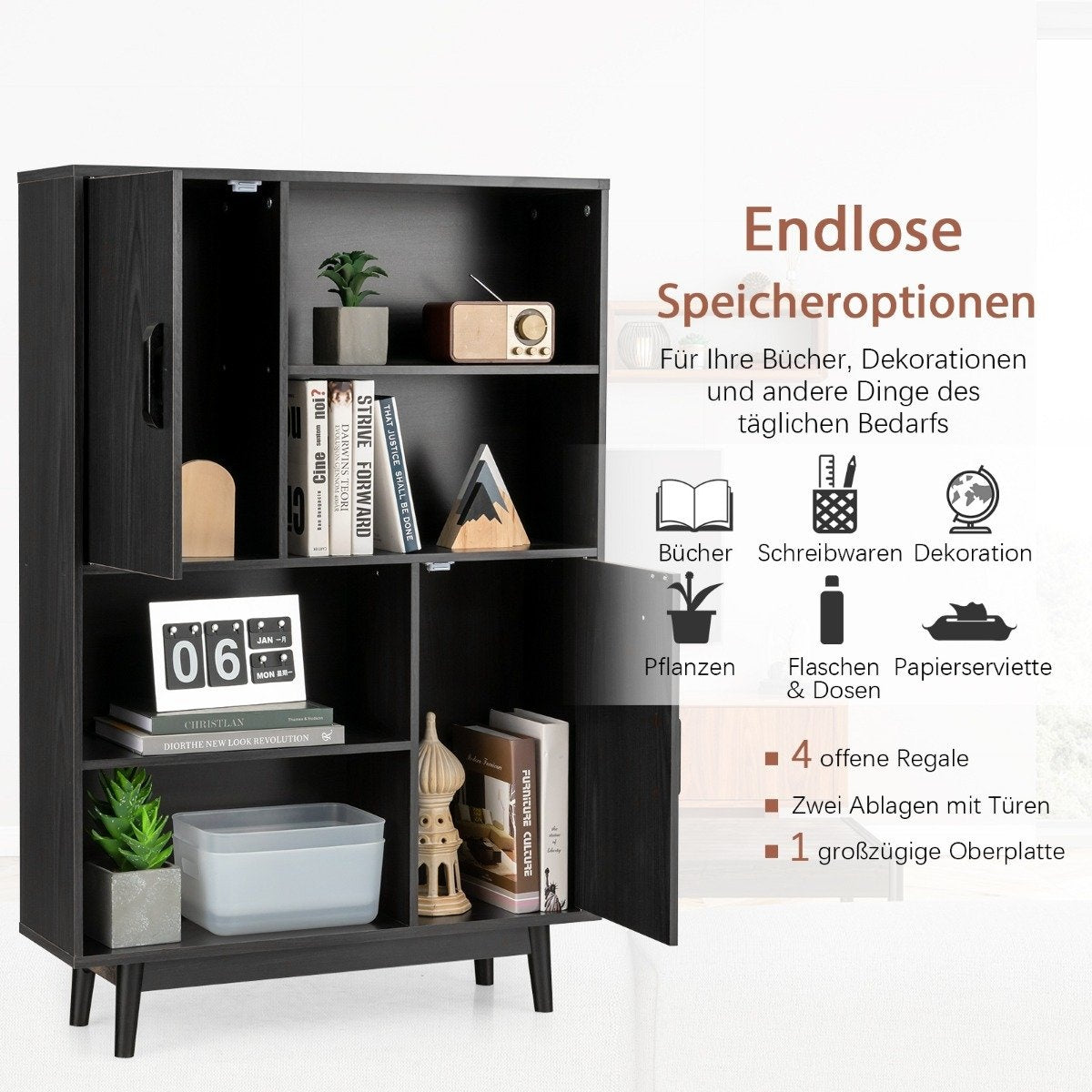 Wooden Bookcase 4 Tier Bookcase with 2 Doors Storage Cabinet Black