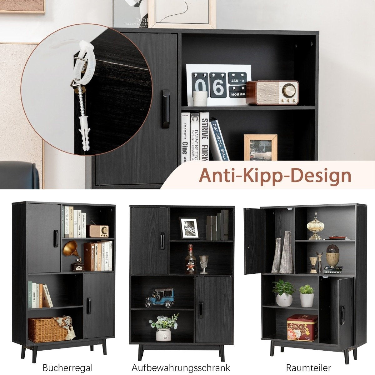 Wooden Bookcase 4 Tier Bookcase with 2 Doors Storage Cabinet Black
