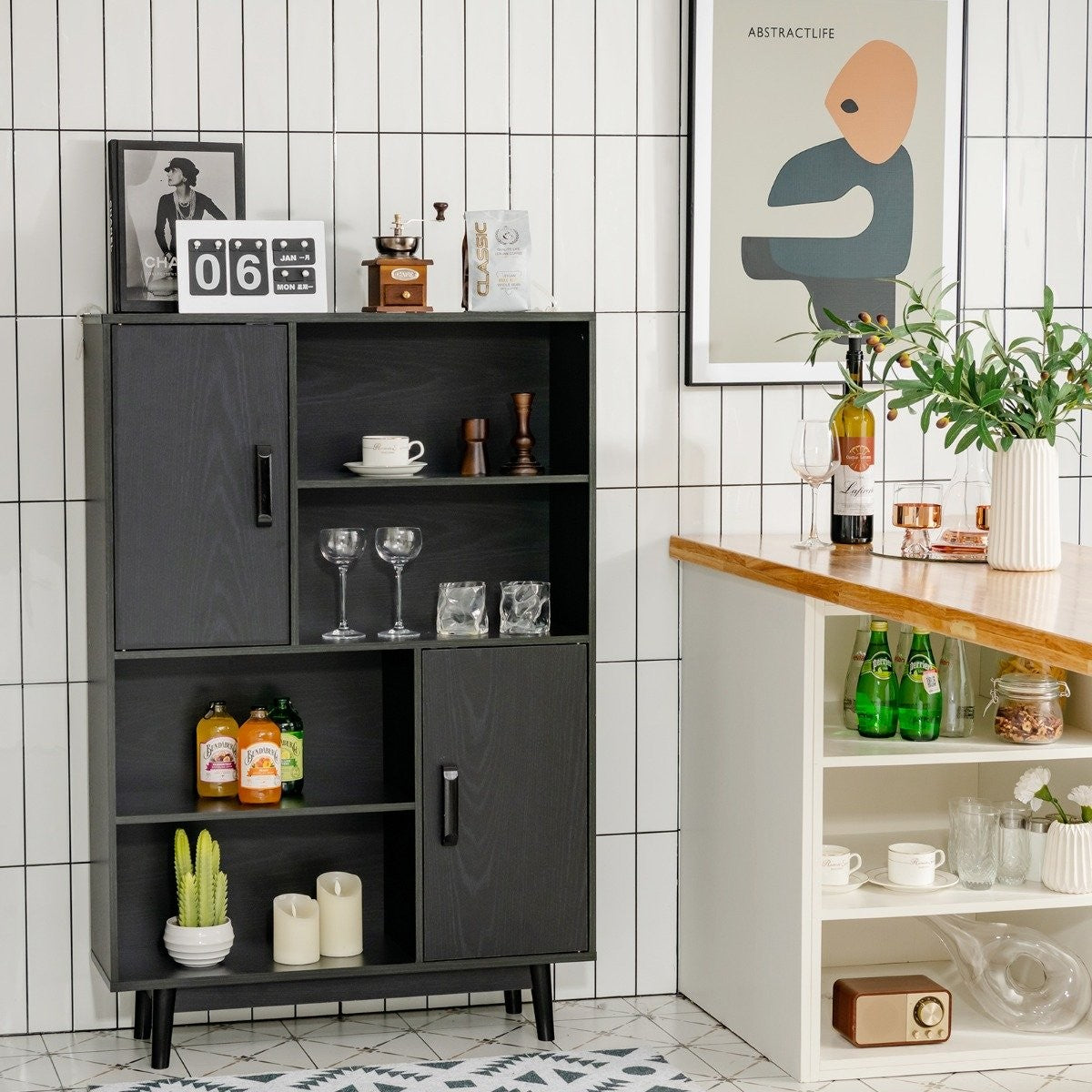 Wooden Bookcase 4 Tier Bookcase with 2 Doors Storage Cabinet Black