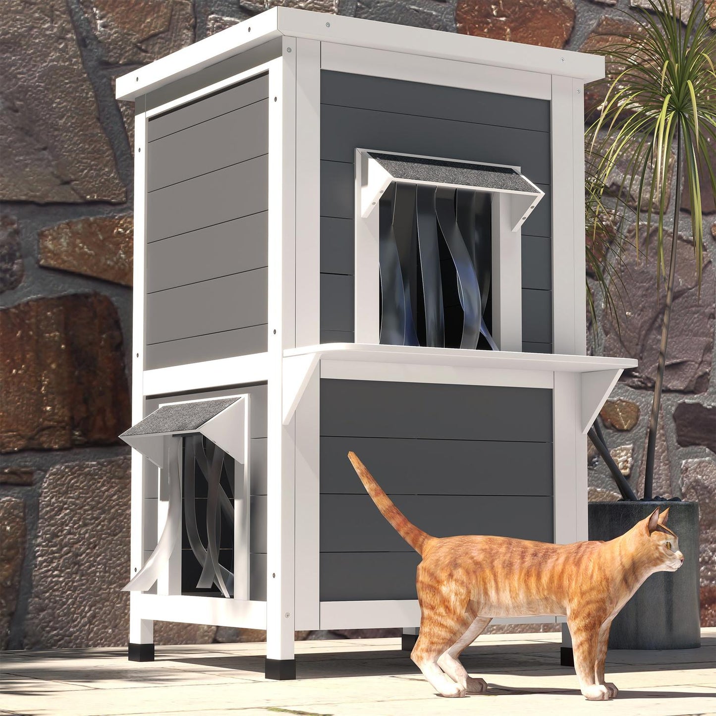 Weatherproof wooden cat house with roof - gray and white