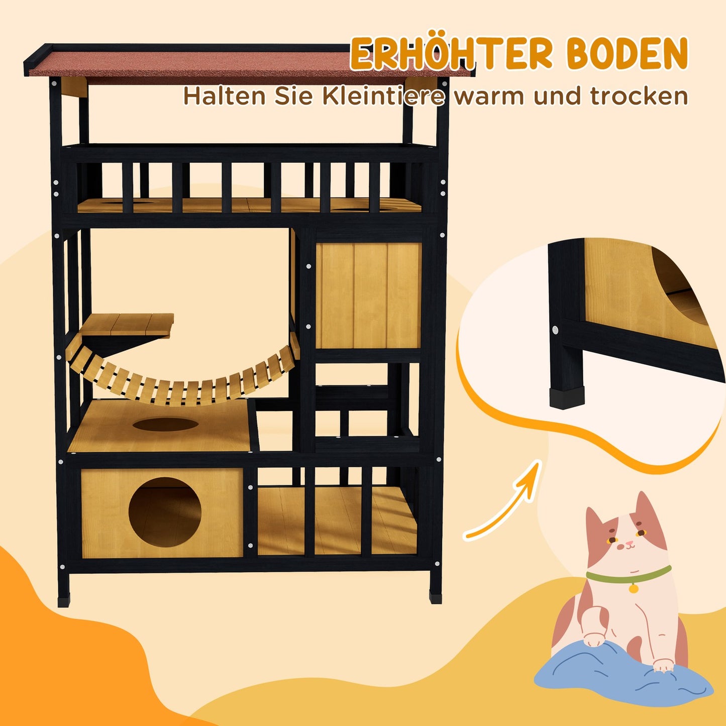Wooden cat house with platforms and suspension bridge, yellow