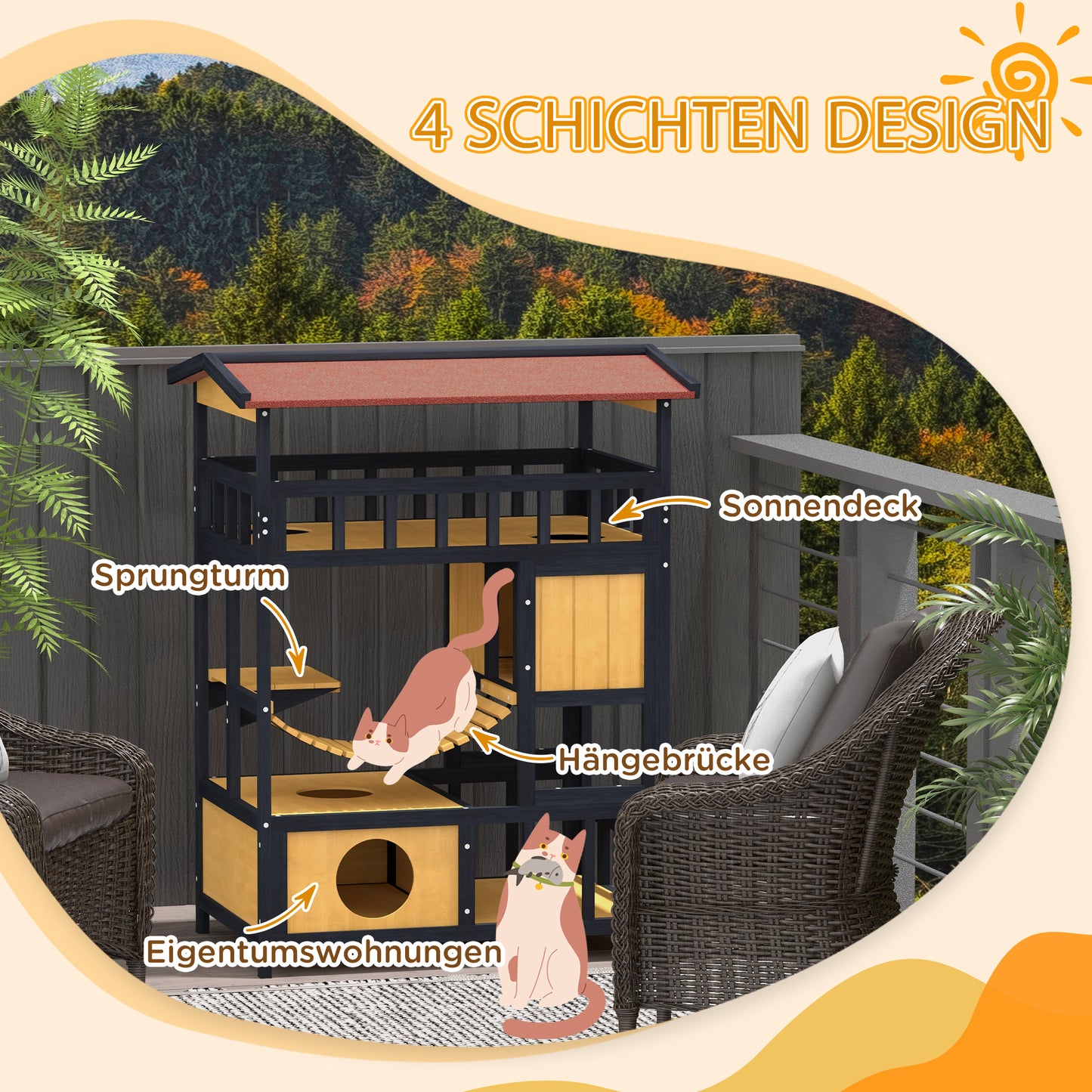 Wooden cat house with platforms and suspension bridge, yellow
