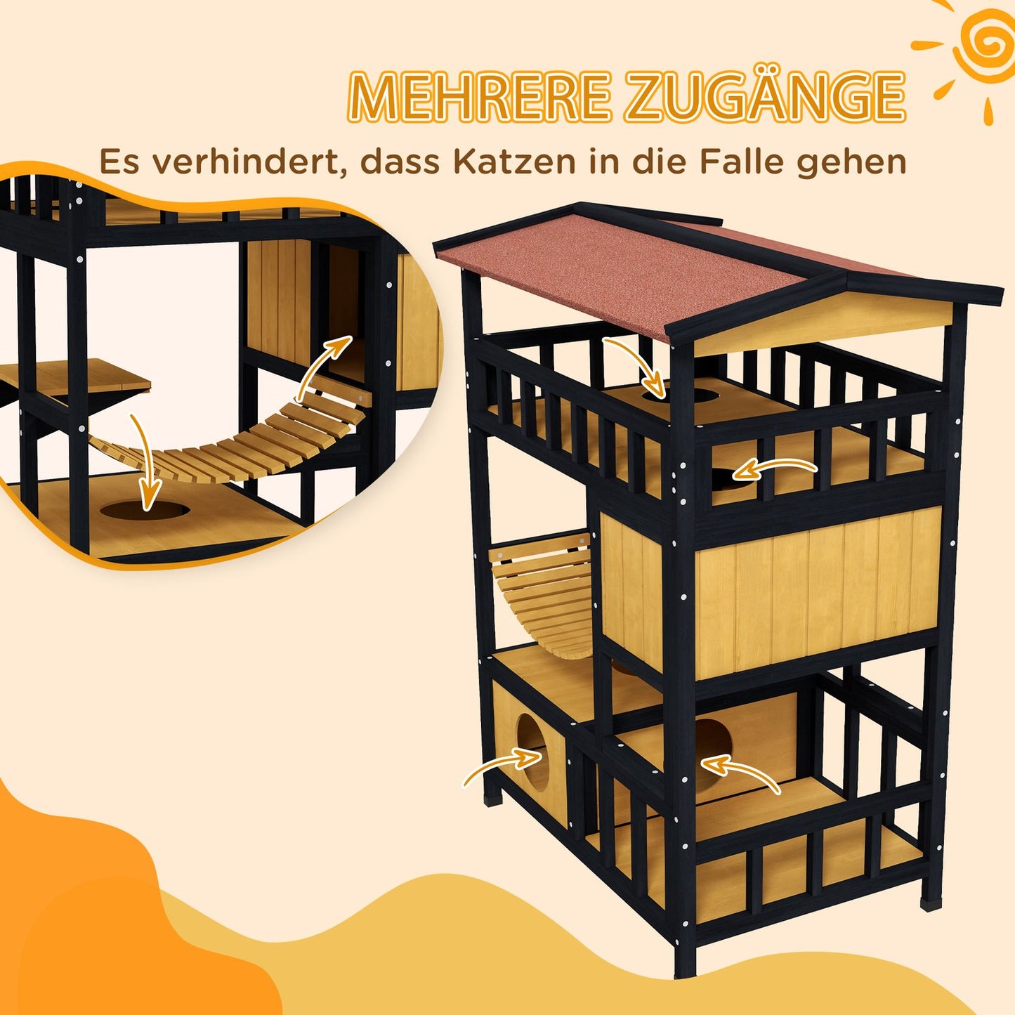 Wooden cat house with platforms and suspension bridge, yellow