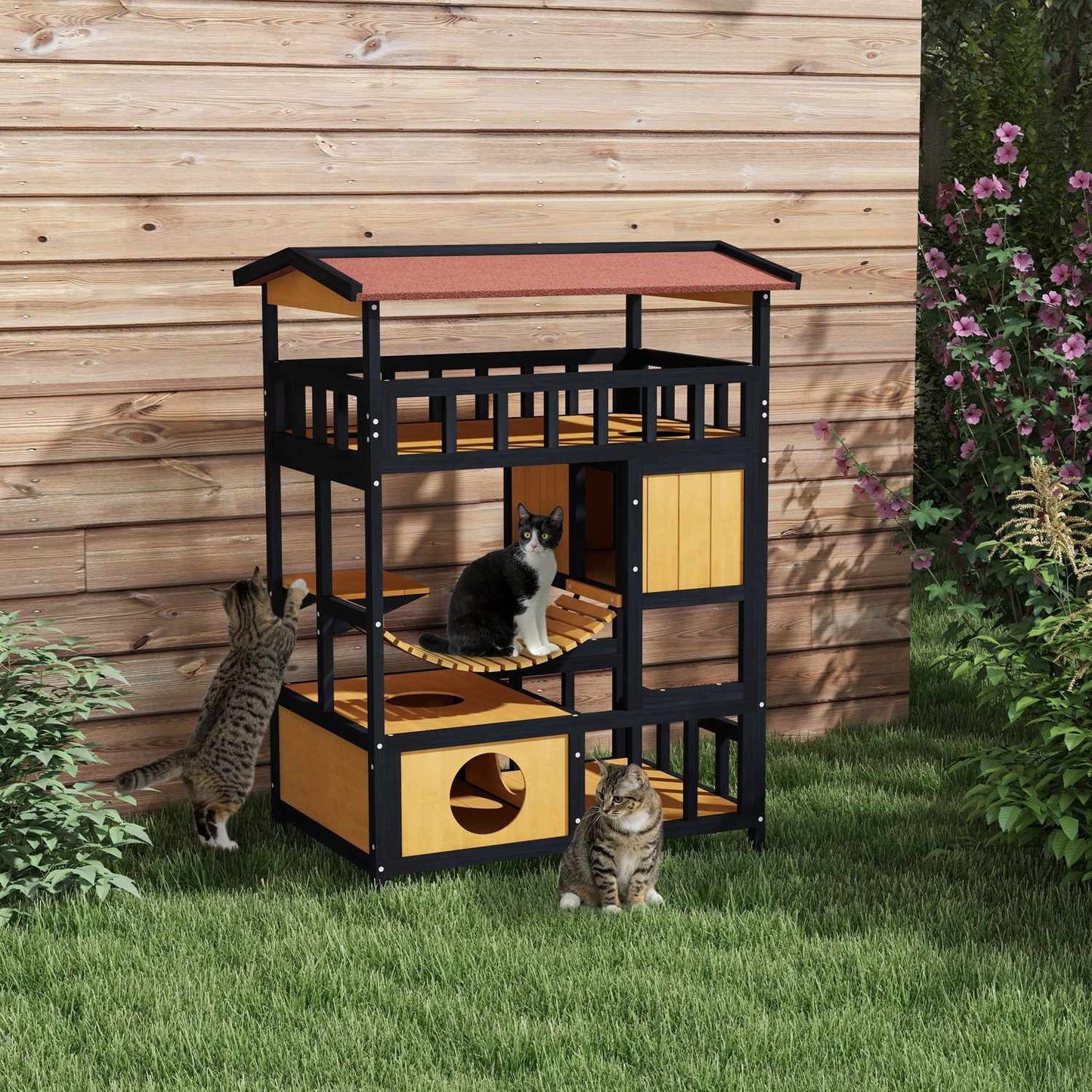 Wooden cat house with platforms and suspension bridge, yellow