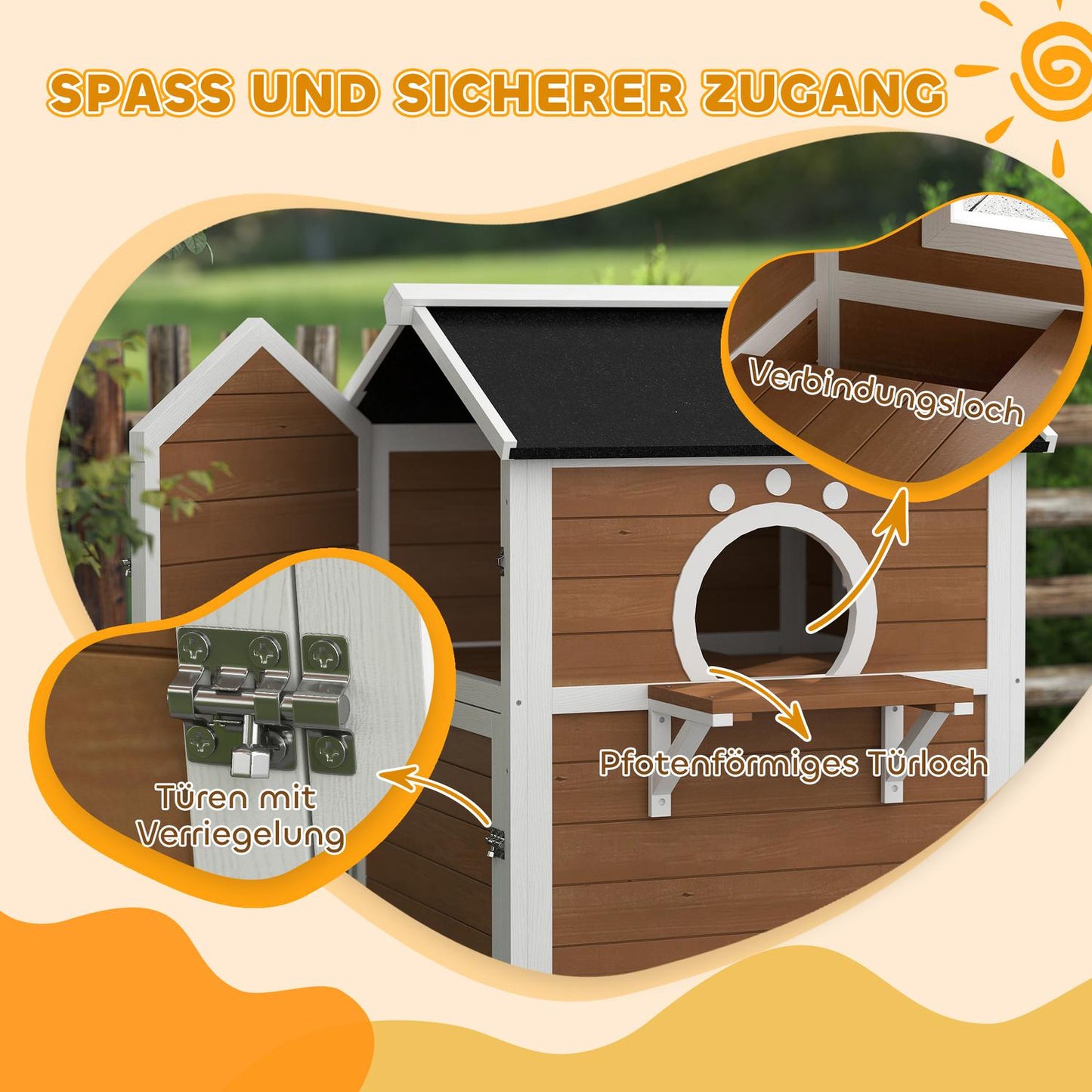 Wooden cat house, weatherproof balcony, indoor/outdoor 2-level