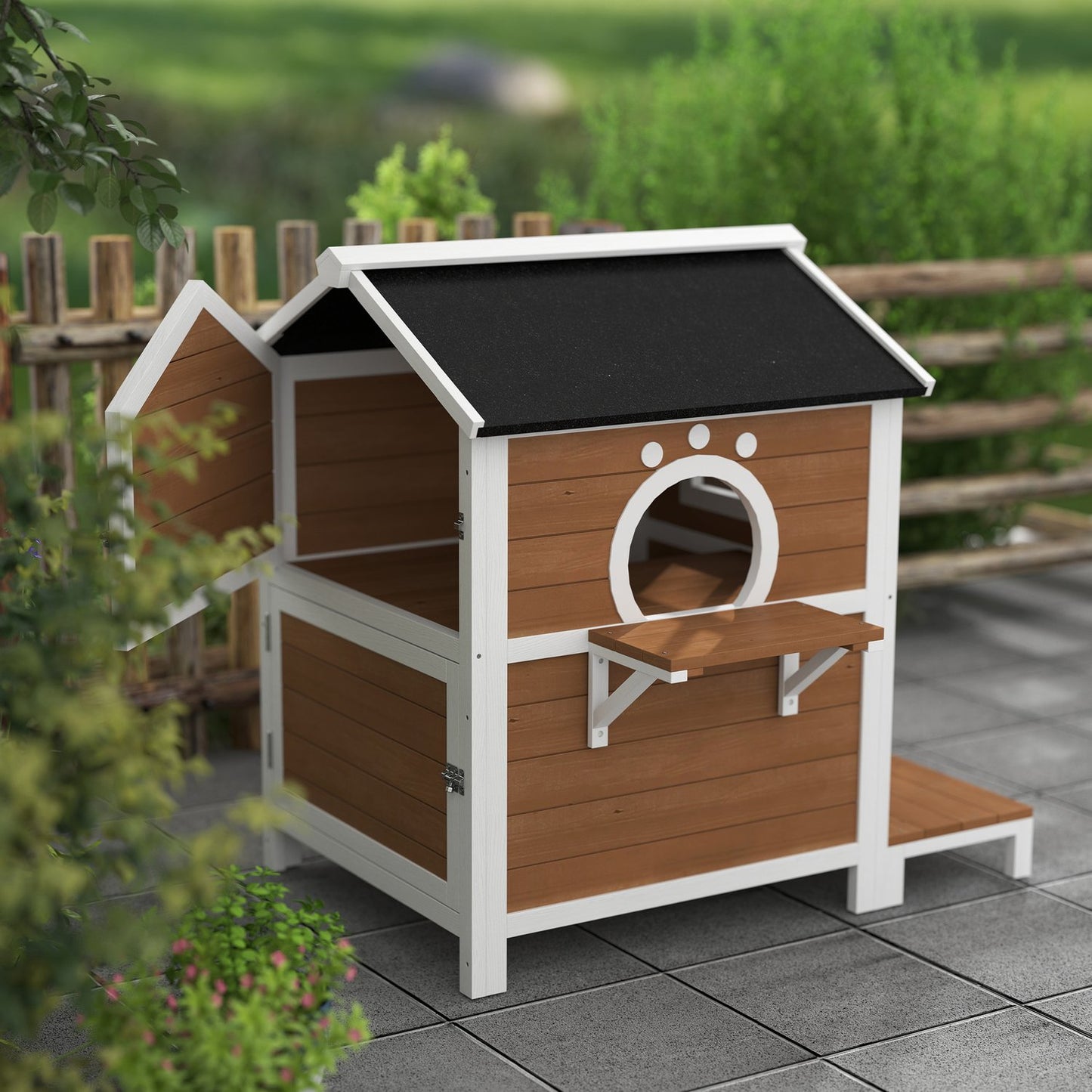 Wooden cat house, weatherproof balcony, indoor/outdoor 2-level