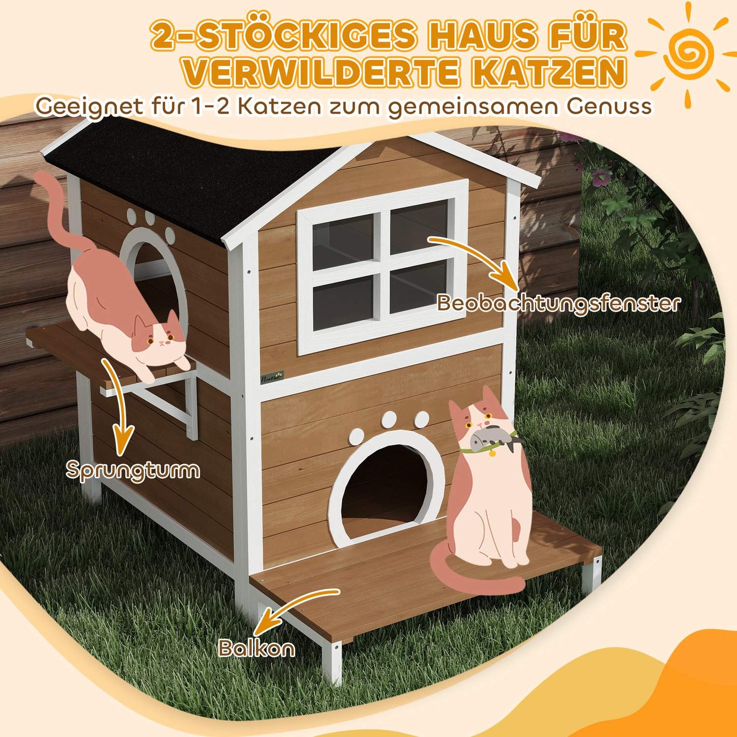 Wooden cat house, weatherproof balcony, indoor/outdoor 2-level