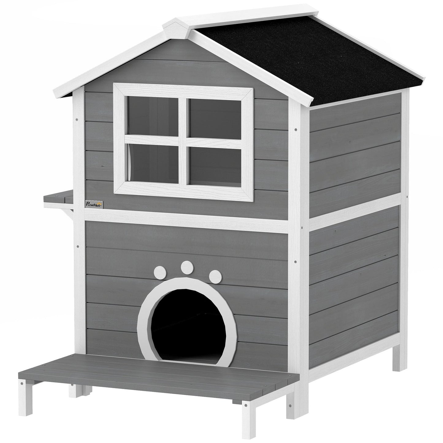 Weather-resistant wooden cat house with window and balcony