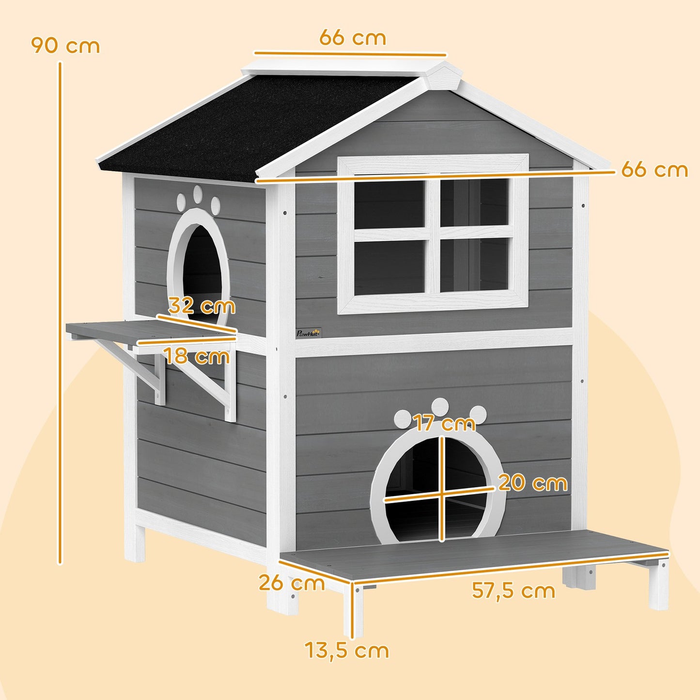 Weather-resistant wooden cat house with window and balcony